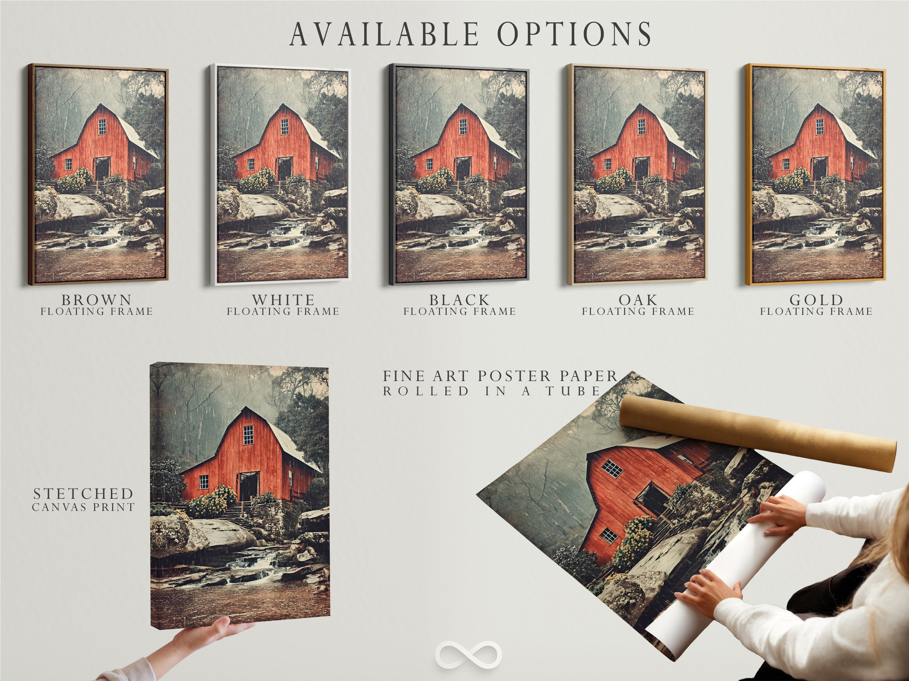 Explore available options for the red barn artwork. Choose from a stretched canvas print fine art poster paper or a floating frame. Customize your rustic decor to perfectly match your style.