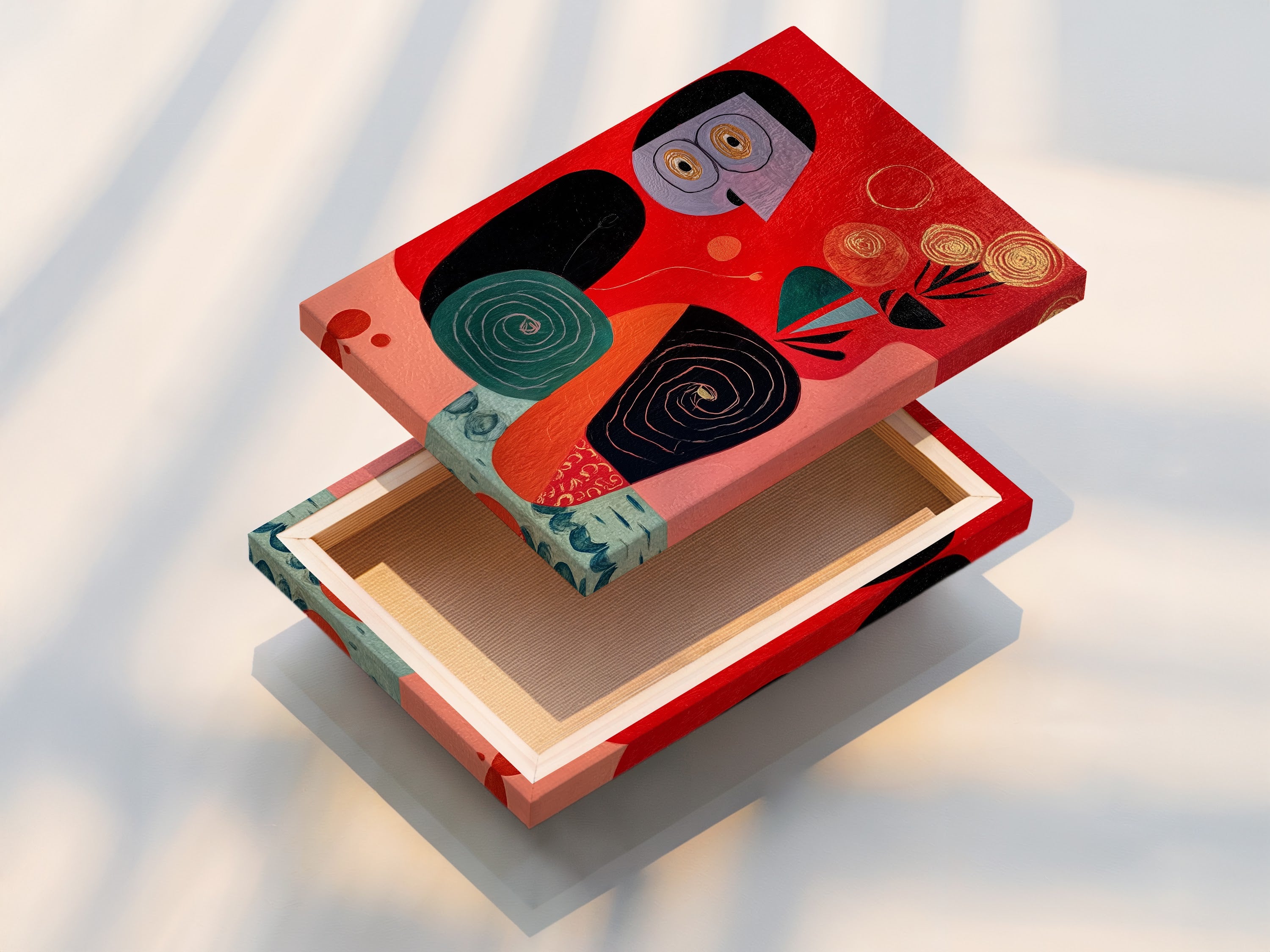 A stretched canvas print showcases abstract folk art. The vibrant red teal and black colors create a stunning visual impact. Ready to hang this modern canvas art is perfect for any room. Transform your walls with our stretched canvas prints.