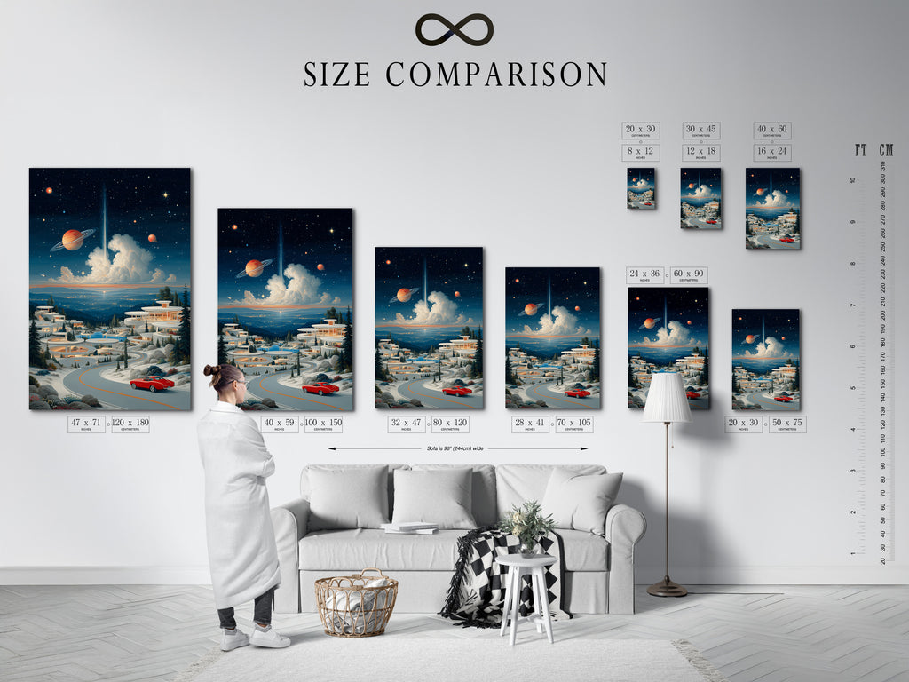 Size comparison chart in an interior setting. Visualize the scale of the surreal space landscape artwork. See how the retro futuristic wall art fits in various spaces. Choose the perfect size for your cosmic village poster.