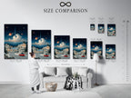 Size comparison chart in an interior setting. Visualize the scale of the surreal space landscape artwork. See how the retro futuristic wall art fits in various spaces. Choose the perfect size for your cosmic village poster.