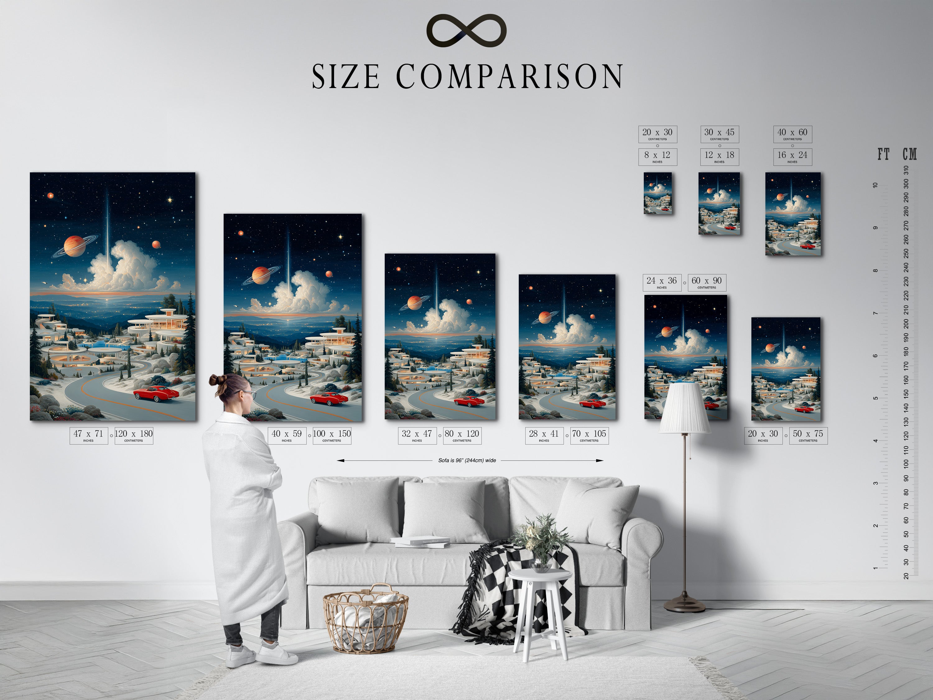 Size comparison chart in an interior setting. Visualize the scale of the surreal space landscape artwork. See how the retro futuristic wall art fits in various spaces. Choose the perfect size for your cosmic village poster.