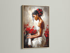 A framed artwork shows a woman playing piano. The artwork is framed in oak. The image captures a serene and artistic scene. The art piece enhances the room's aesthetic. The artwork features a woman in a white dress.