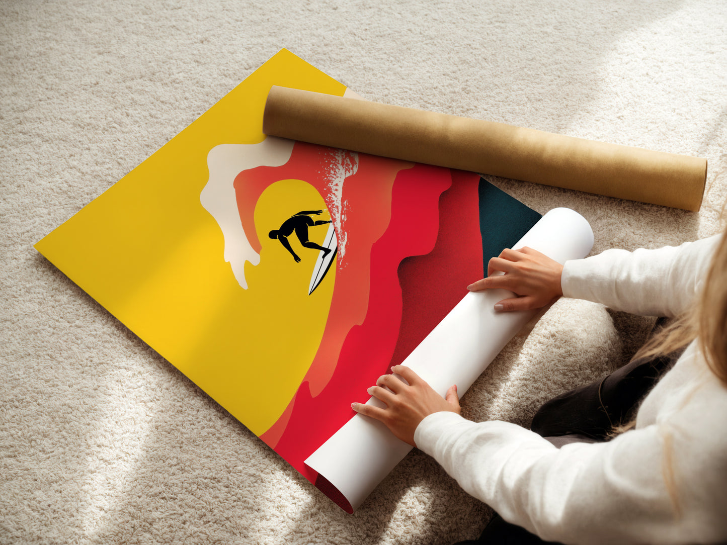 A woman carefully rolls a fine art poster paper print. The surfing artwork is printed on high quality archival paper. Ideal for a retro wave art print or a vintage surf poster. This coastal art will last for years.