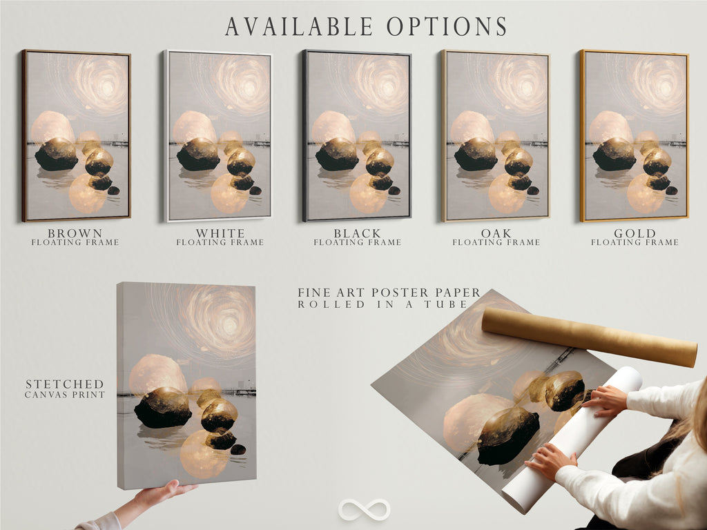 Explore available options for our Abstract Zen artwork. Choose from stretched canvas prints fine art poster paper or floating frames. Customize the artwork to suit your style and space. Find the perfect finish for your modern minimalist wall art. Shop now.