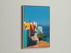 This showcases an oak frame around a beautiful art print. The frame enhances the artwork's visual appeal. The print features colorful buildings by the sea. It creates a focal point in any room. The oak frame adds a touch of warmth.