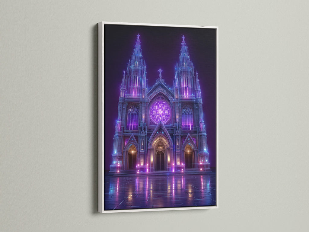 A white frame enhances this gothic cathedral art. This cyberpunk wall art adds a modern touch. The white frame creates a clean and contemporary look. Ideal for neon purple art and unique home decor. It's perfect for office wall art.