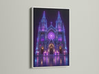 A white frame enhances this gothic cathedral art. This cyberpunk wall art adds a modern touch. The white frame creates a clean and contemporary look. Ideal for neon purple art and unique home decor. It's perfect for office wall art.