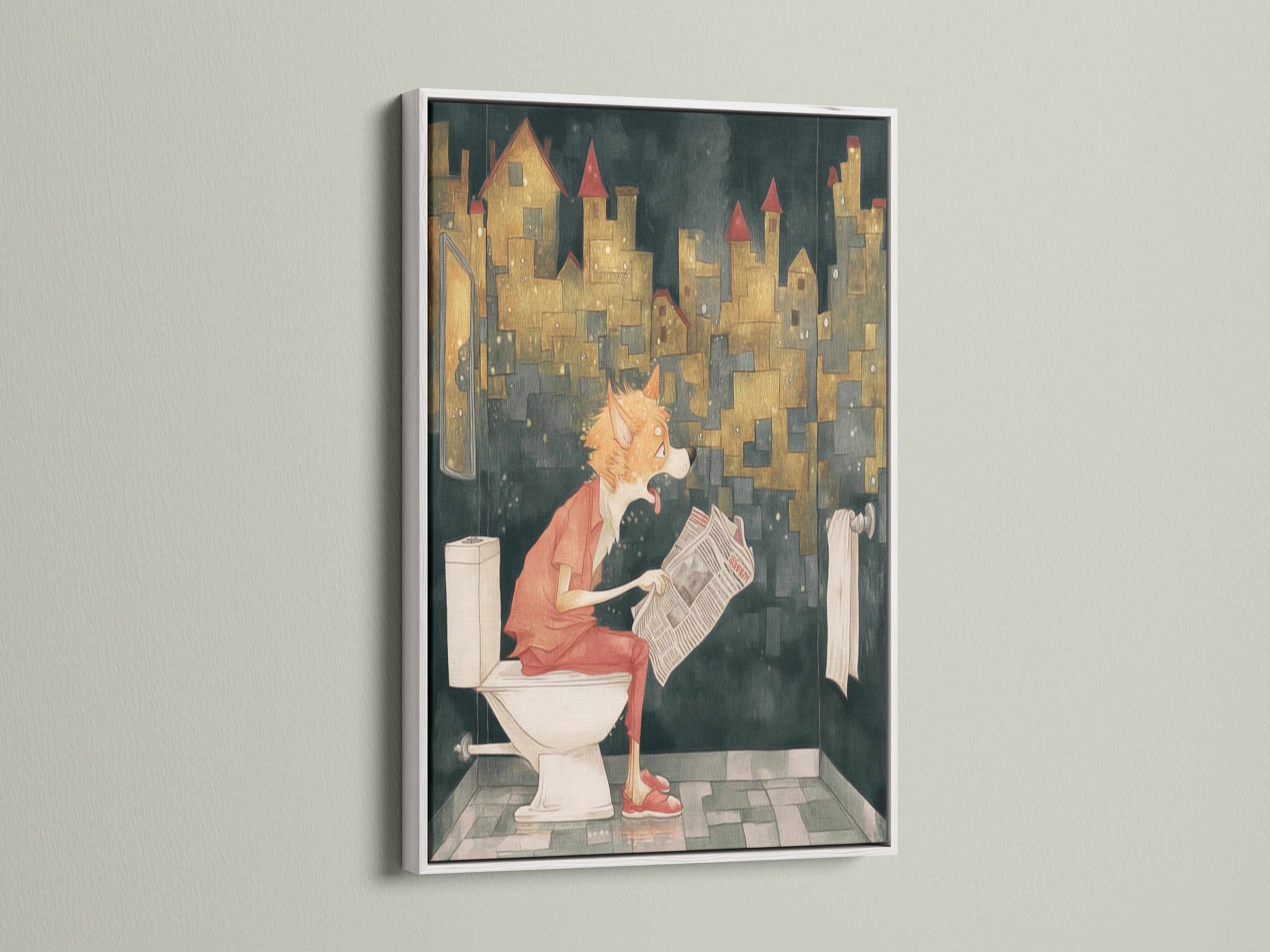Funny Dog Canvas Print in a white frame. This playful piece features a dog reading a newspaper. The artwork is a perfect addition to any bathroom. It brings a lighthearted and quirky element to your decor. A great conversation starter.