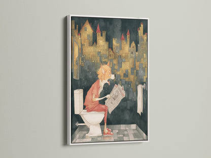 Funny Dog Canvas Print in a white frame. This playful piece features a dog reading a newspaper. The artwork is a perfect addition to any bathroom. It brings a lighthearted and quirky element to your decor. A great conversation starter.