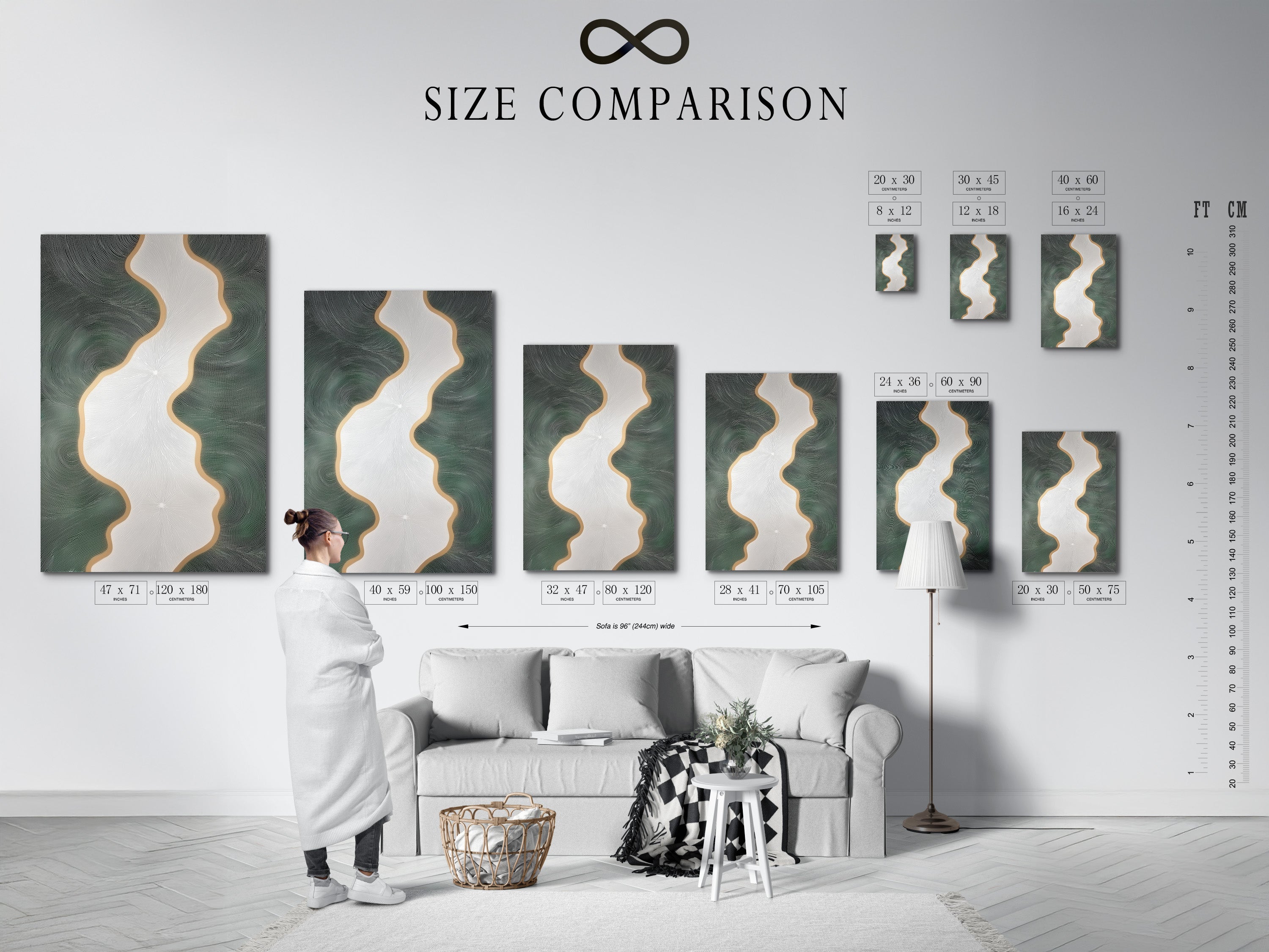 A size comparison chart is displayed in an interior setting. See how the abstract river art fits in different spaces. The sage green and gold artwork is shown in various sizes. The chart helps visualize the perfect fit for bedroom decor. The print complements minimalist contemporary or Scandinavian styles. It is ideal for homeowners renters and business owners.