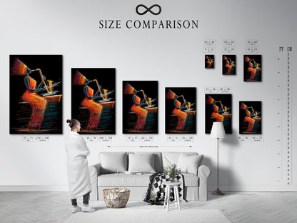 A size comparison chart showcases framed jazz saxophone art in an interior setting. Visualize how this abstract music wall art fits in your space. Enhance your music room decor with this colorful line art print.