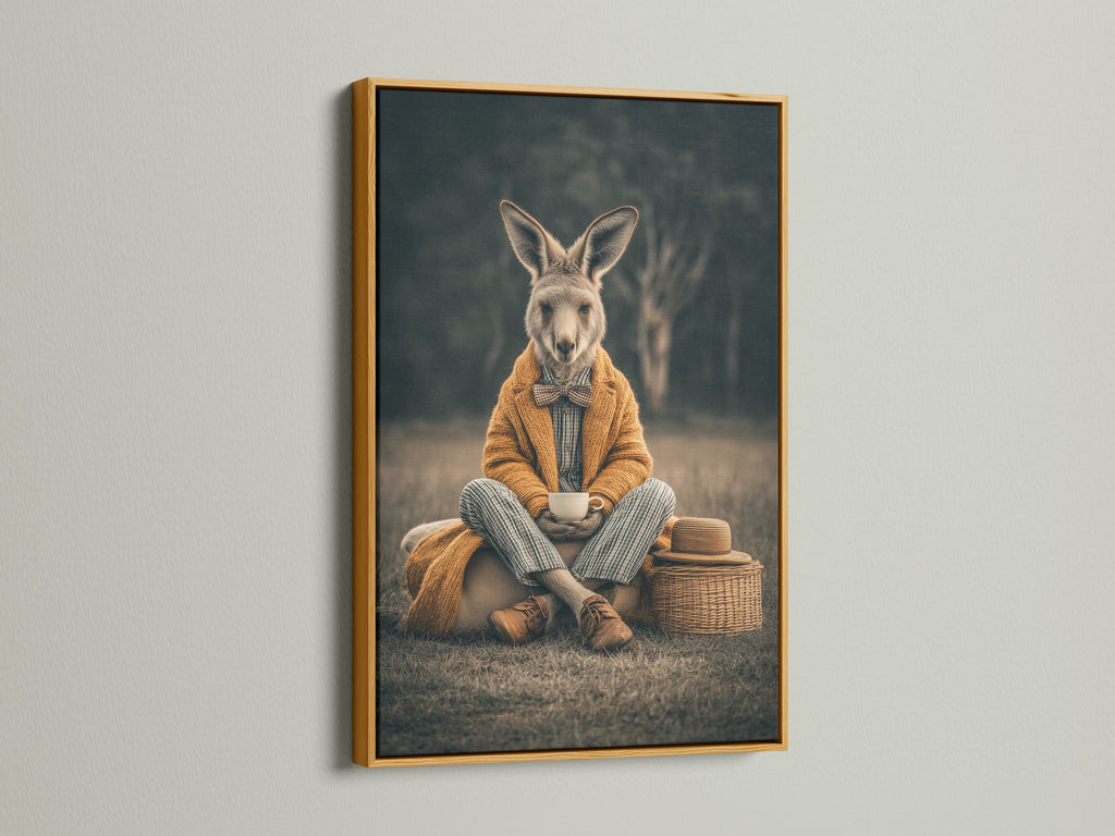 Bring sophistication to your decor with this rabbit artwork. The gold frame adds a luxurious touch. This vintage animal portrait canvas is perfect for any room. Ideal for a library or reading nook this piece exudes charm. The anthropomorphic wall art creates a unique statement. It's a perfect choice for art collectors.
