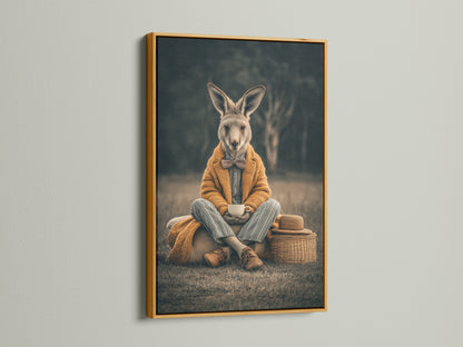 Bring sophistication to your decor with this rabbit artwork. The gold frame adds a luxurious touch. This vintage animal portrait canvas is perfect for any room. Ideal for a library or reading nook this piece exudes charm. The anthropomorphic wall art creates a unique statement. It's a perfect choice for art collectors.