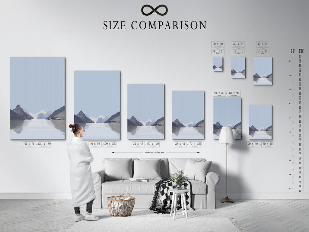 A size comparison chart is displayed in an interior setting. The chart shows various artwork sizes. Visualize the ideal size for your space. Plan your art display effectively. Find the perfect artwork size for your home.