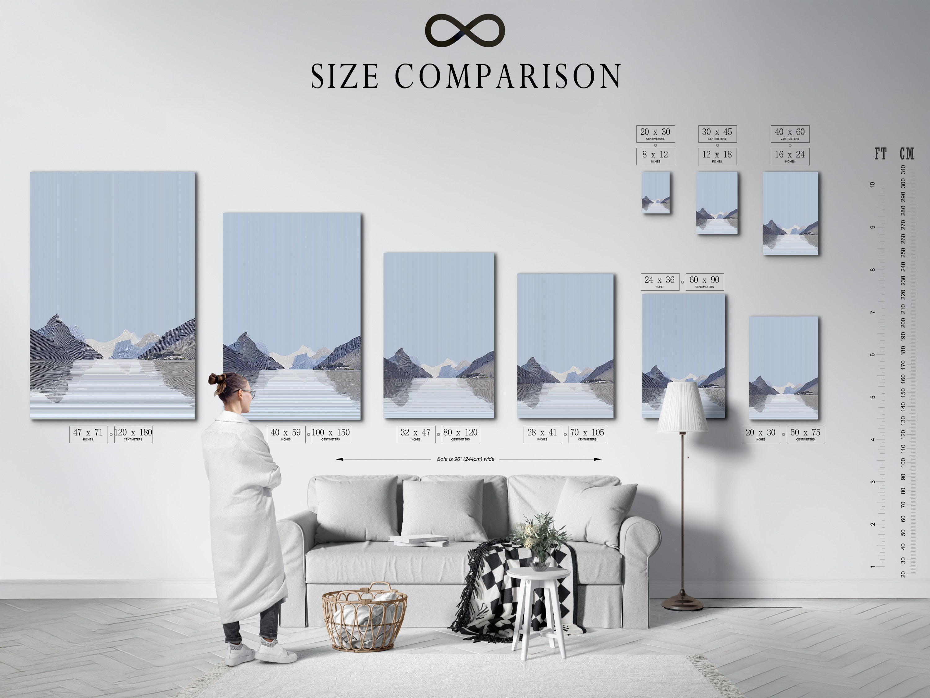 A size comparison chart is displayed in an interior setting. The chart shows various artwork sizes. Visualize the ideal size for your space. Plan your art display effectively. Find the perfect artwork size for your home.