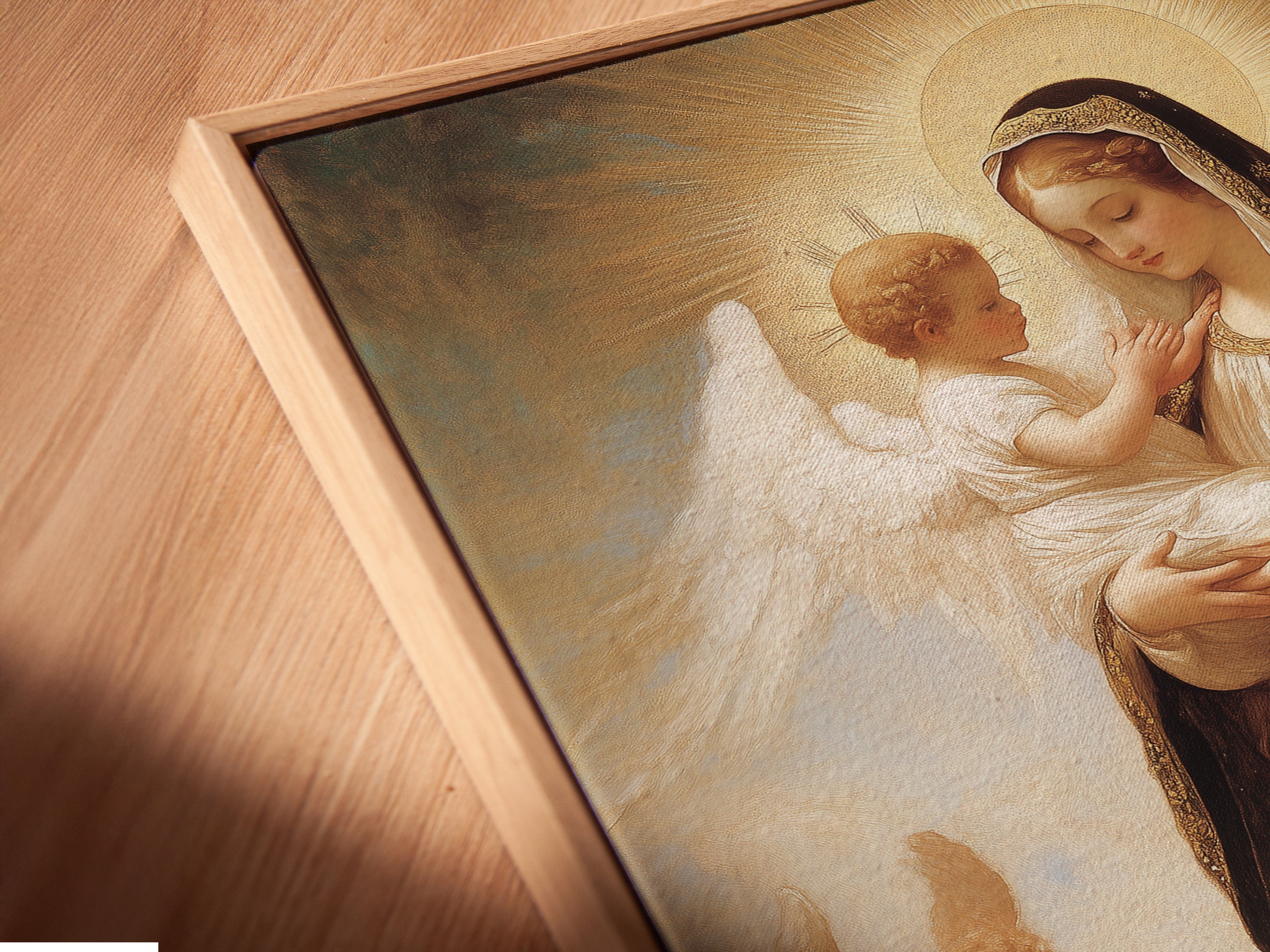 A close-up shot of a canvas print displayed in a floating frame. The frame provides a modern and unique look. The art seems to hover within the frame. This adds depth to the piece.