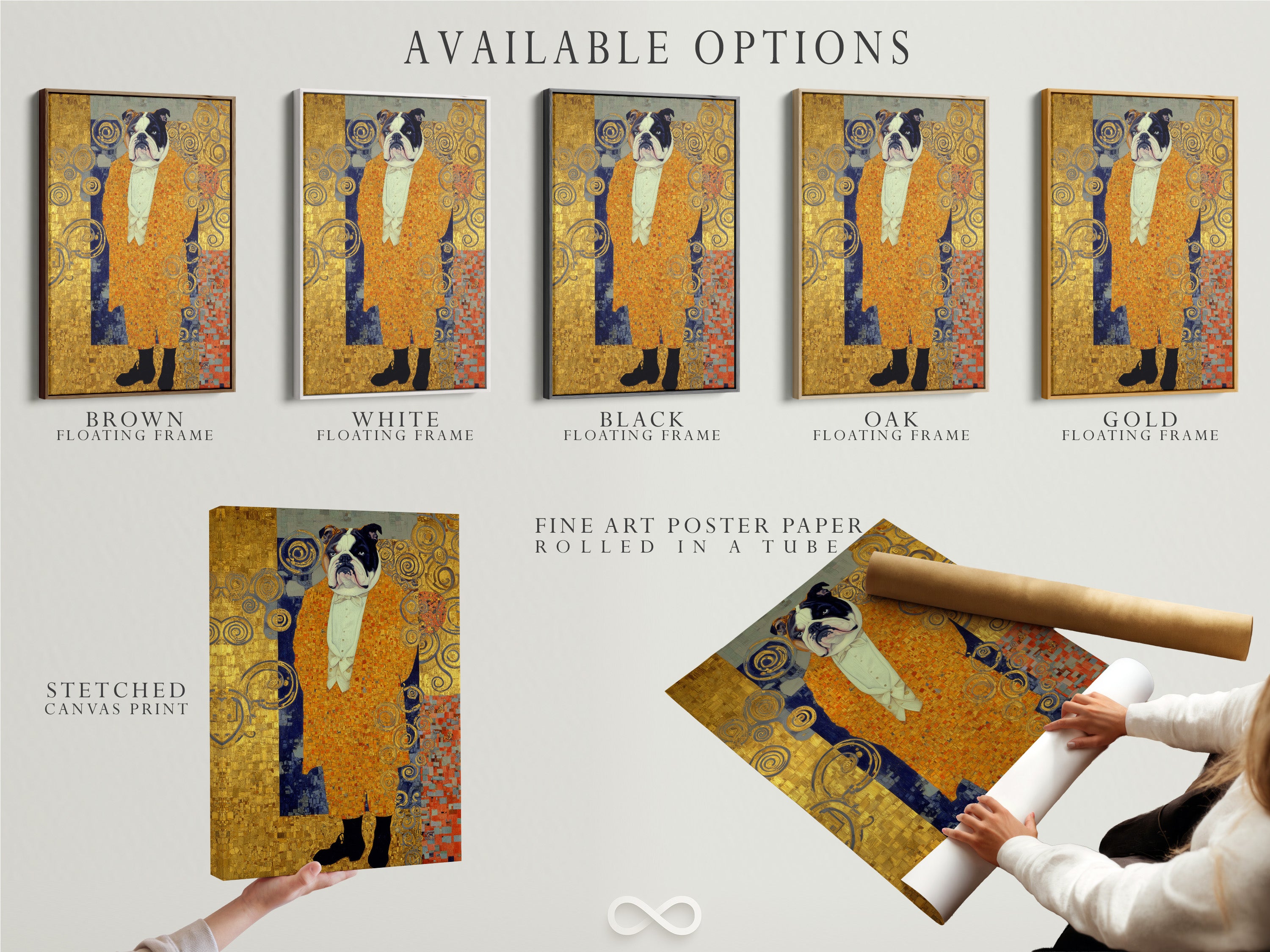 Available options for the Klimt Style Bulldog are showcased. This includes stretched canvas prints fine art poster paper and floating frames. Choose the perfect format for this dog portrait print. Enhance your office wall decor with art nouveau print. It's ideal as golden wall art.