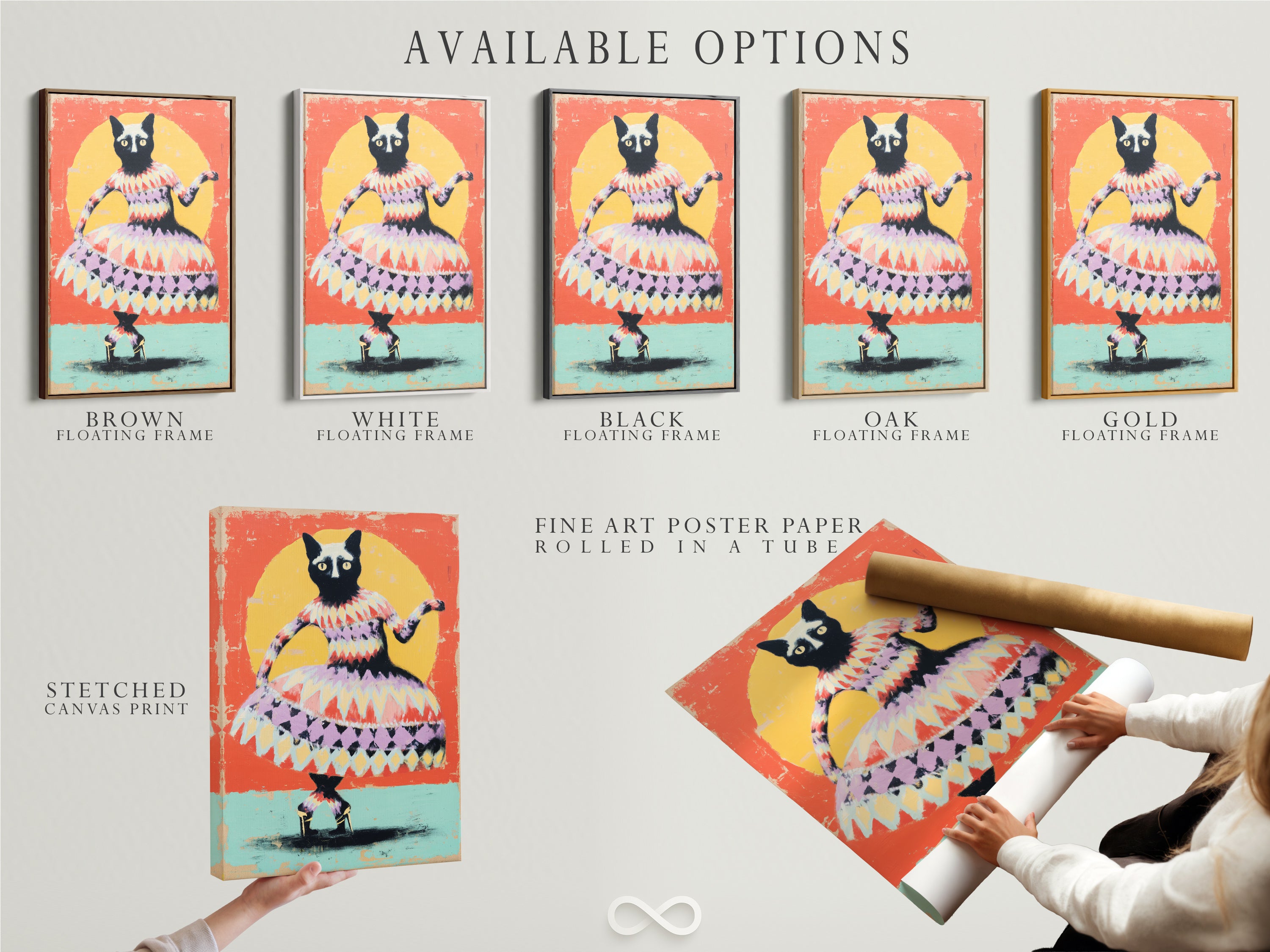 Available options include a stretched canvas print fine art poster paper and a floating frame. The artwork features a whimsical cat art print. Perfect animal wall art for kids rooms or nursery wall decor. This folk art canvas adds a quirky touch.