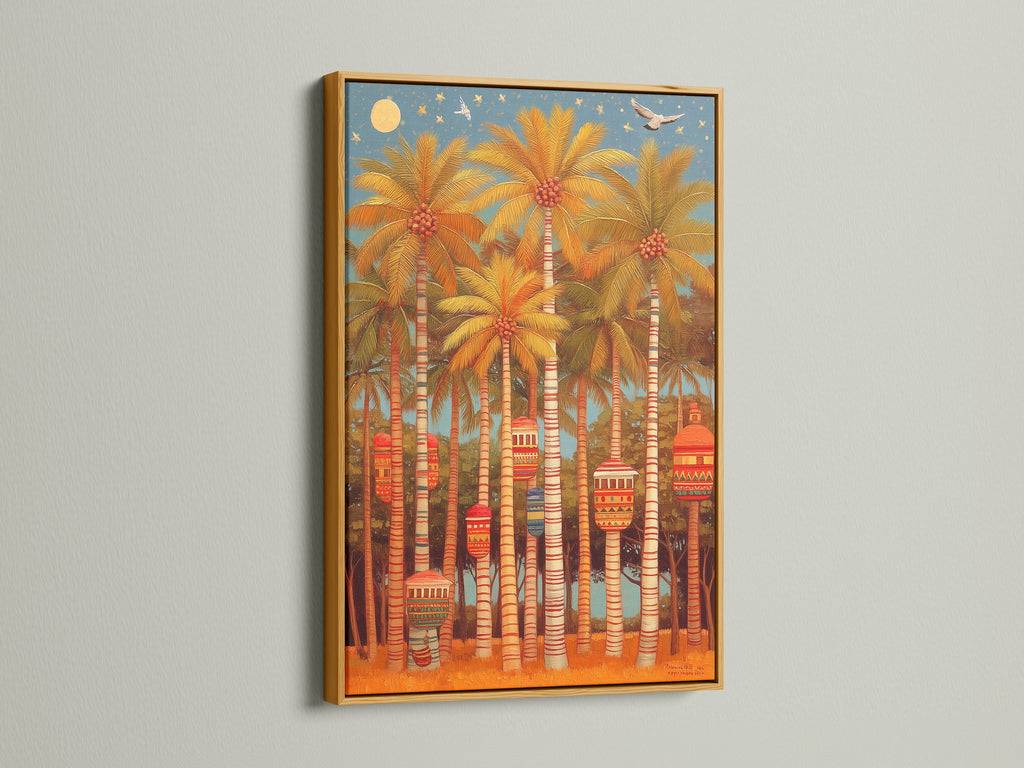 Palm Trees artwork in a gold frame. This tropical artwork is a vintage style treasure. Ideal for adding a boho touch to your decor. A stunning piece of Caribbean art.