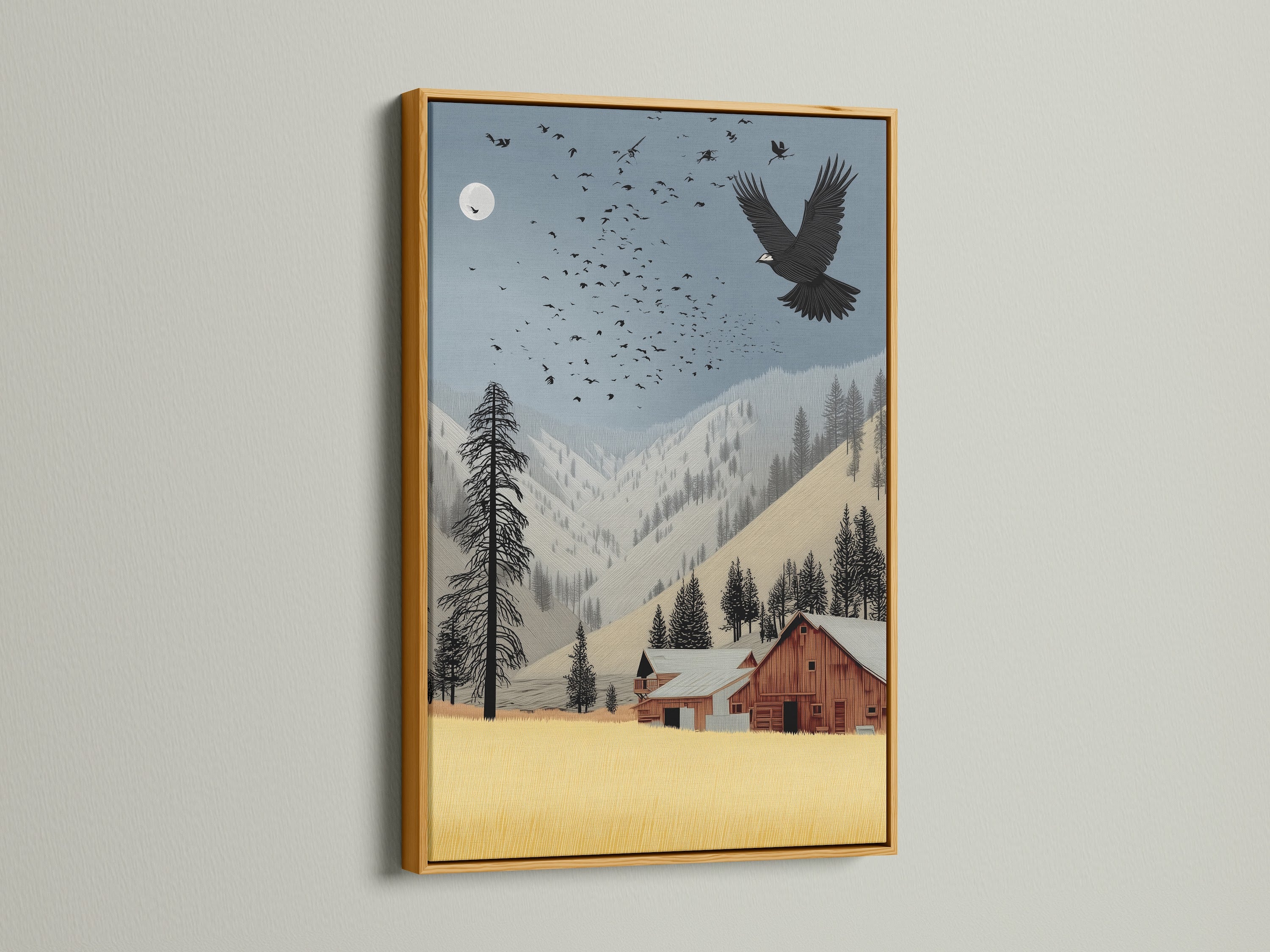 This eagle art print features a barn landscape. The artwork is presented in a gold frame. It brings a touch of vintage elegance to any room. Perfect for enhancing farmhouse decor and cabin interiors. This rustic wall art adds a unique charm.