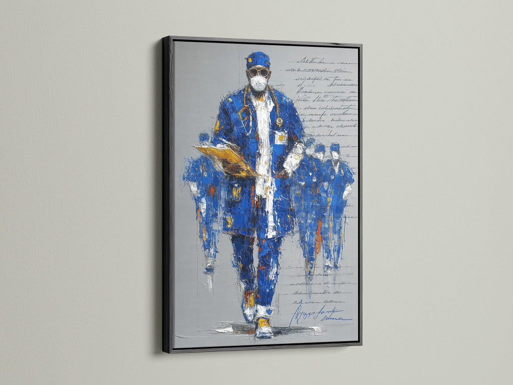 A black frame presents a bold blue abstract portrait. This medical art print is a statement piece. It is perfect for hospital wall decor or a medical decor upgrade. Show your appreciation with doctor wall art.