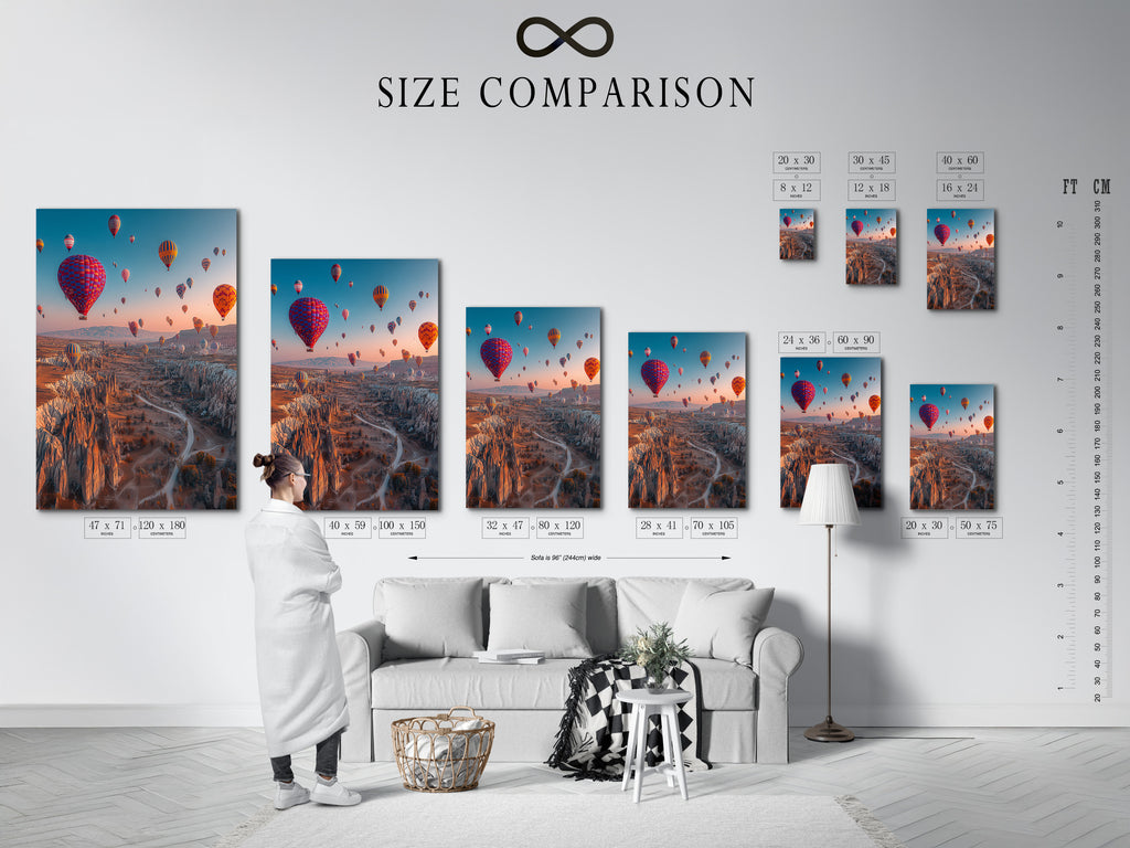 Size comparison chart of hot air balloon artwork in an interior setting. See how the landscape canvas fits in various spaces. Choose the perfect size for your travel wall art. Ideal for visualizing adventure decor.