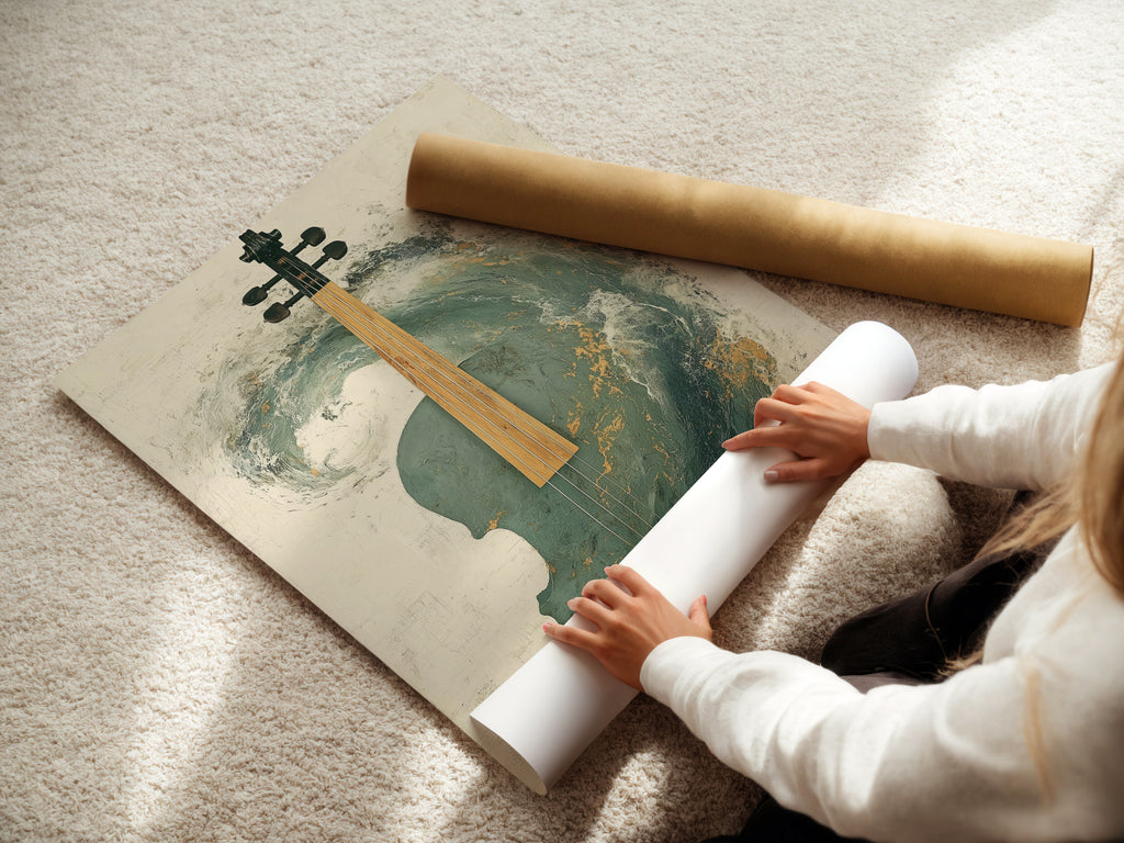A woman is carefully rolling a fine art poster paper print of the Abstract Violin Artwork. The teal and gold musical canvas will be a stunning addition to any space. This fine art poster paper ensures a high-quality reproduction of the artwork. Perfect for art collectors and music lovers.