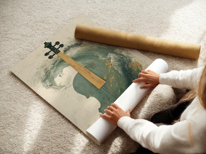 A woman is carefully rolling a fine art poster paper print of the Abstract Violin Artwork. The teal and gold musical canvas will be a stunning addition to any space. This fine art poster paper ensures a high-quality reproduction of the artwork. Perfect for art collectors and music lovers.