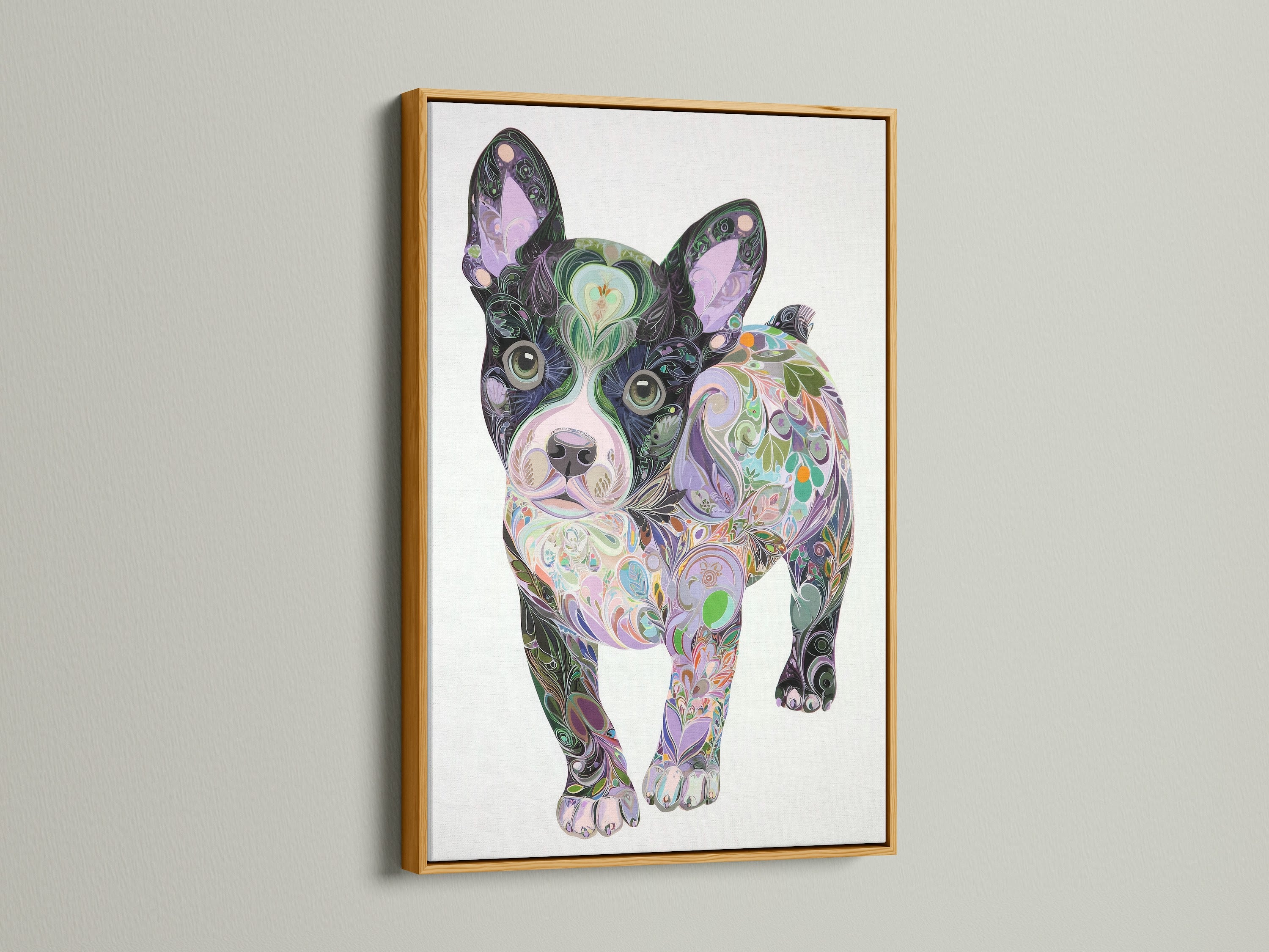 French Bulldog art in a gold floating frame. This colorful dog wall art features a psychedelic pet portrait. Perfect bedroom decor or a unique Frenchie art gift idea. The gold frame adds luxury.