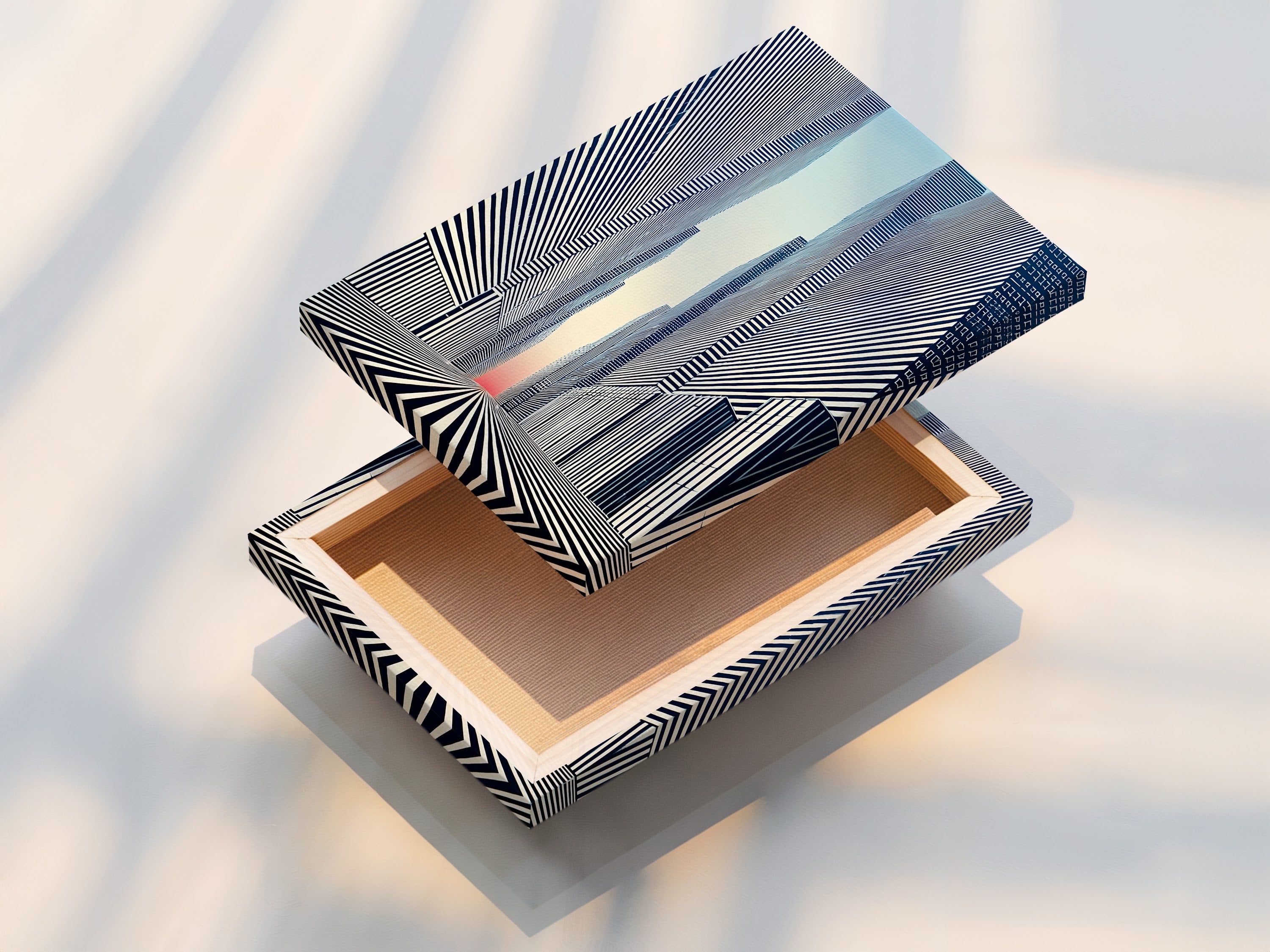 This is a stretched canvas print of the Cityscape Optical Illusion artwork. The modern black and white art is ready to hang. Transform your space with this urban wall decor. This geometric canvas adds a contemporary touch to any office or living room.