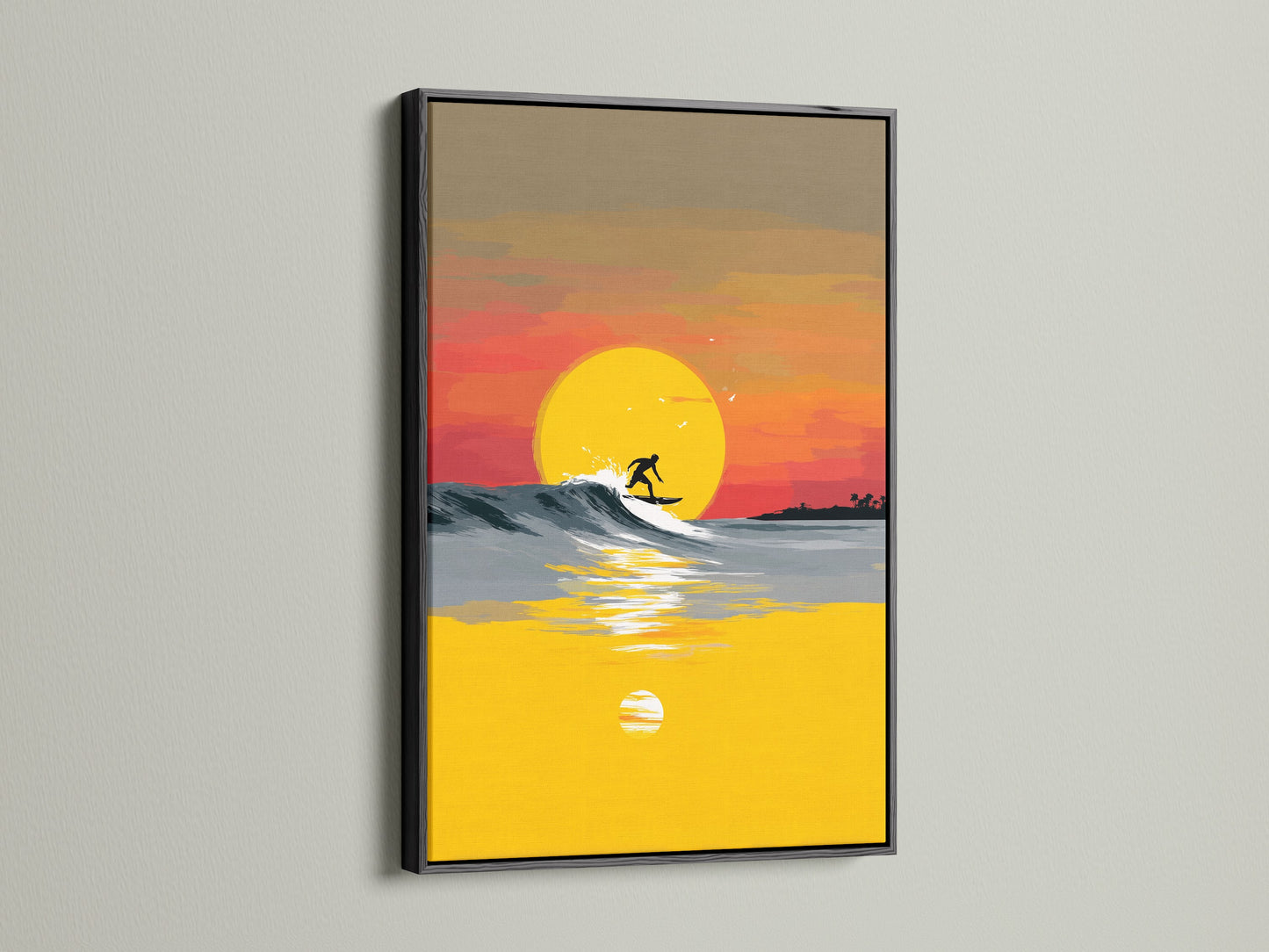 Add a bold statement to your decor with this coastal artwork. This Surfing Canvas Print captures a stunning sunset wave. The artwork is framed in a sleek black frame. Ideal for living rooms bedrooms and offices. Elevate your space with this ocean canvas.