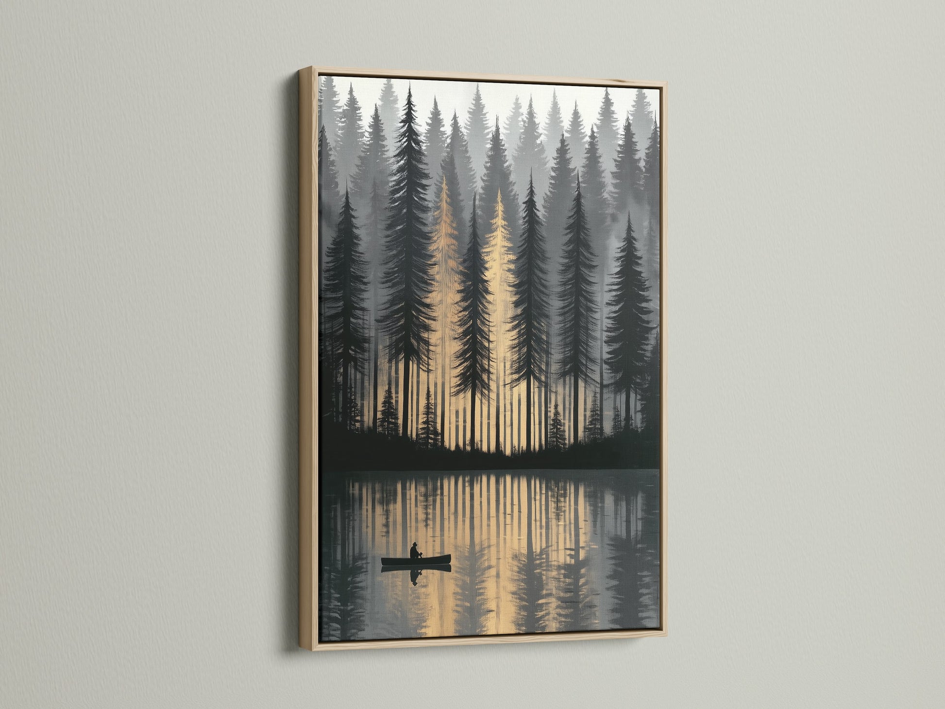 A serene forest lake artwork graces a wall with an oak frame. The golden hour reflection creates tranquil decor. Ideal as canoeing art this landscape print brings the outdoors in. This nature wall art is perfect for living room bedroom or office.