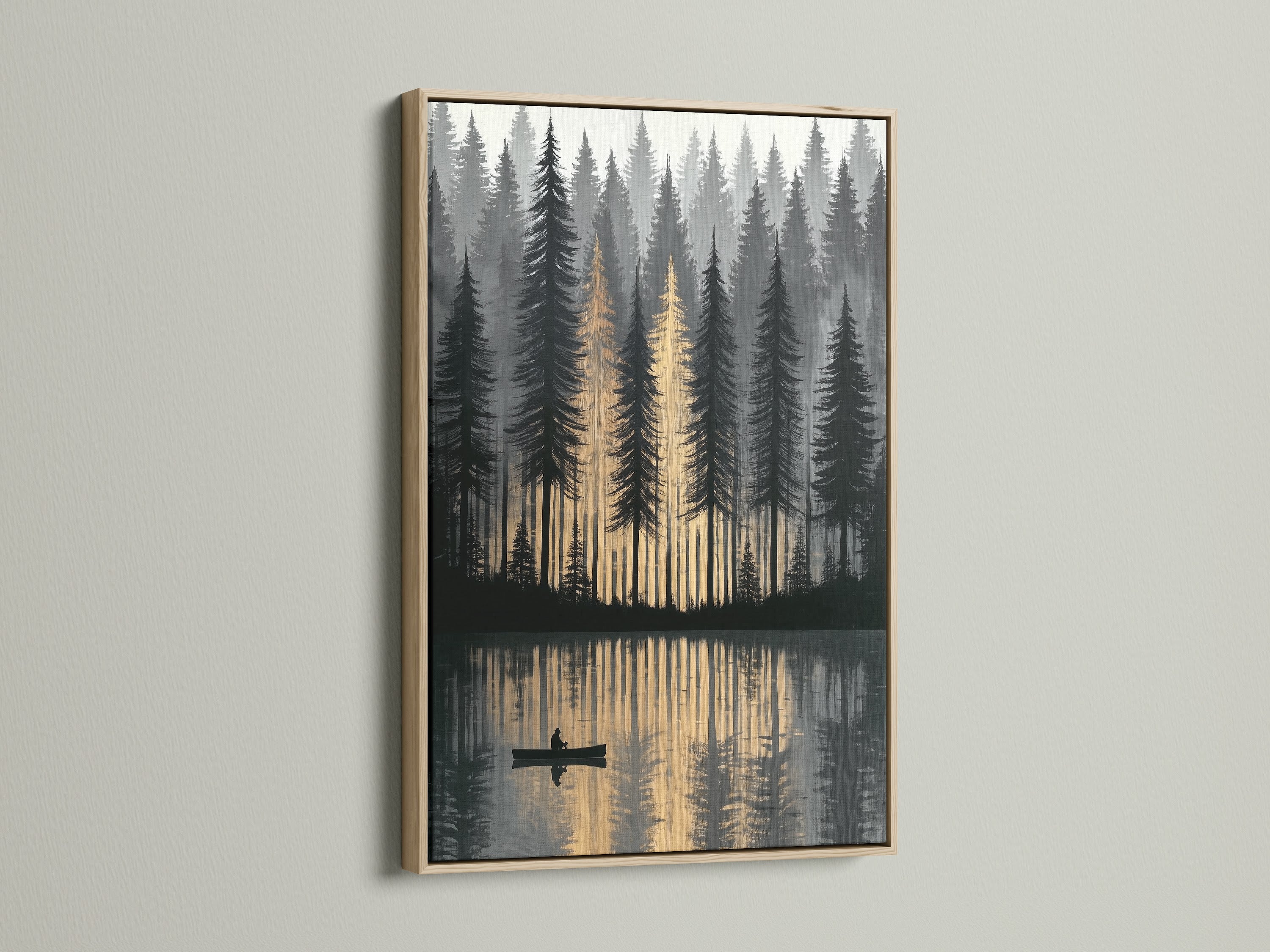 A serene forest lake artwork graces a wall with an oak frame. The golden hour reflection creates tranquil decor. Ideal as canoeing art this landscape print brings the outdoors in. This nature wall art is perfect for living room bedroom or office.