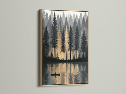 A serene forest lake artwork graces a wall with an oak frame. The golden hour reflection creates tranquil decor. Ideal as canoeing art this landscape print brings the outdoors in. This nature wall art is perfect for living room bedroom or office.