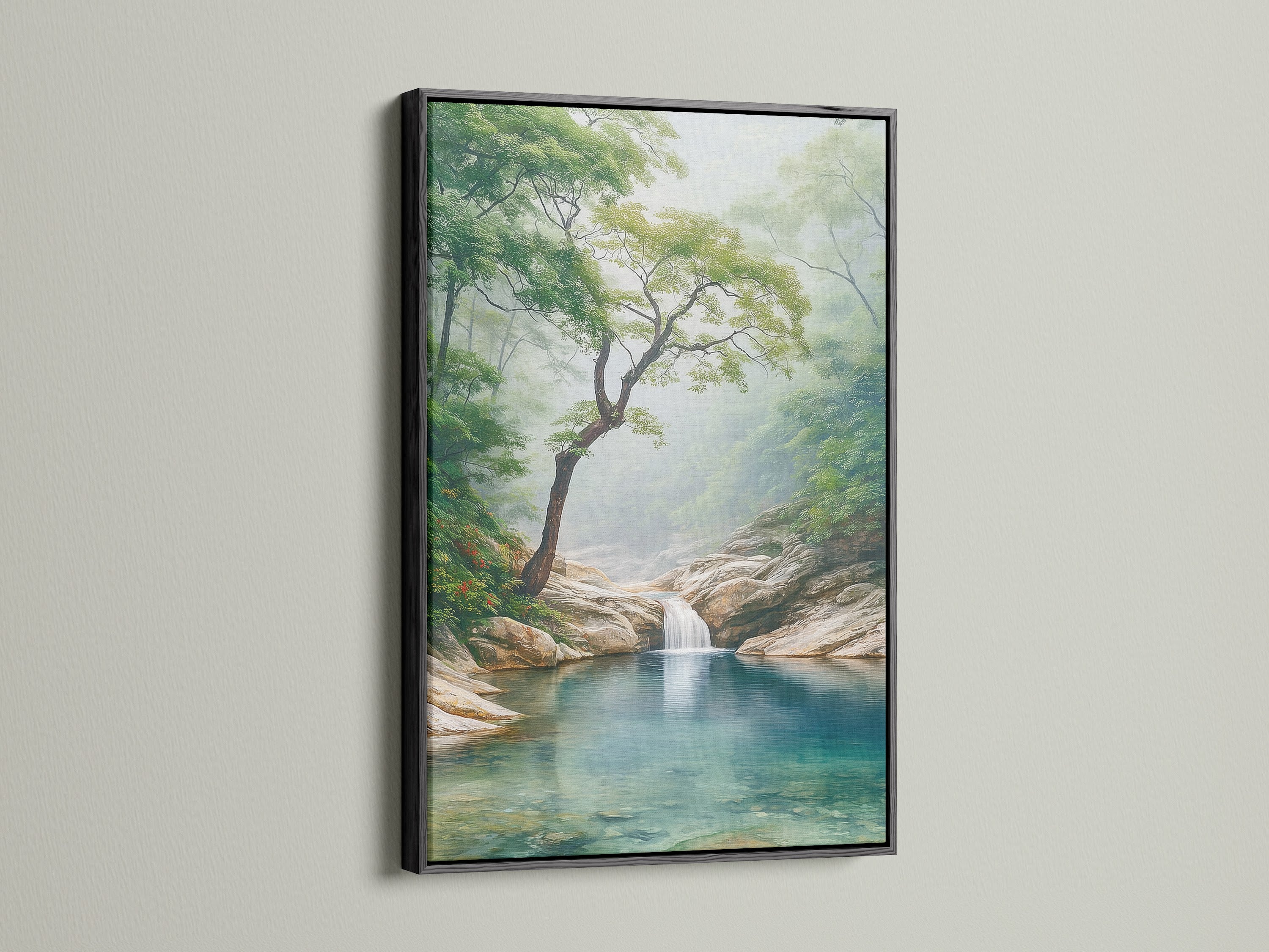 Serene nature artwork with a black frame. This artwork captures a misty forest with a gentle waterfall. Perfect as living room wall art or for wellness centers. Enhance your space with this landscape wall art. A calming addition to your decor.