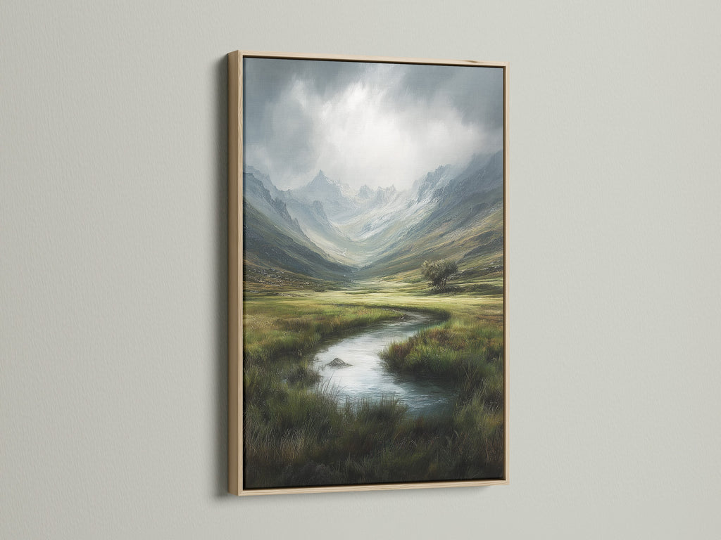 Mountain Valley Landscape Print - Serene River Scene, Nature Wall Art, Green Meadow Artwork, Scenic Home Decor, Highland Print