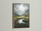 Mountain Valley Landscape Print - Serene River Scene, Nature Wall Art, Green Meadow Artwork, Scenic Home Decor, Highland Print