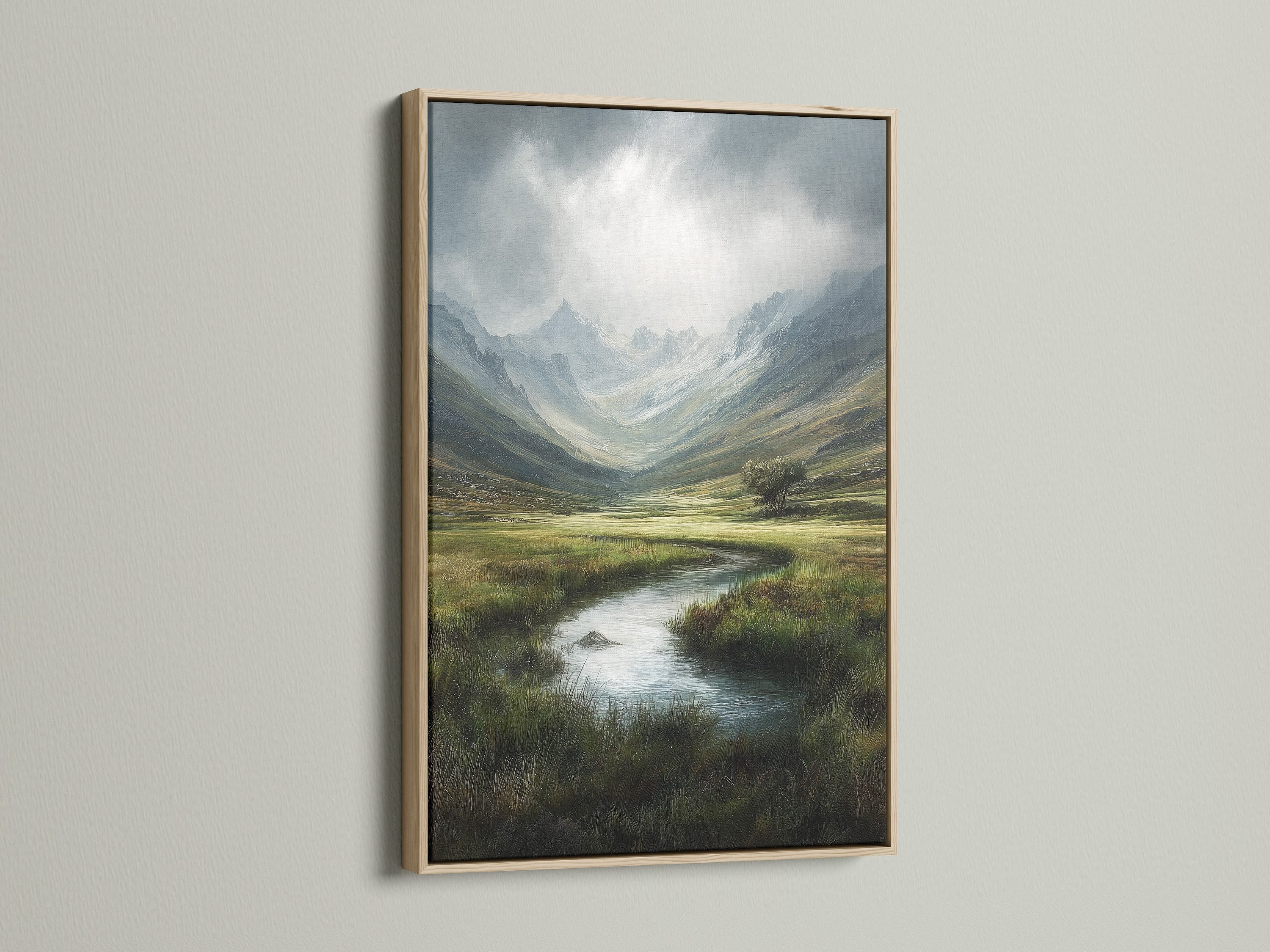 Mountain Valley Landscape Print - Serene River Scene, Nature Wall Art, Green Meadow Artwork, Scenic Home Decor, Highland Print