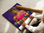 A woman carefully rolling a fine art poster paper print. This print showcases fitness-themed artwork. Ideal for home gym decor or as a motivational gift for athletes and fitness enthusiasts.