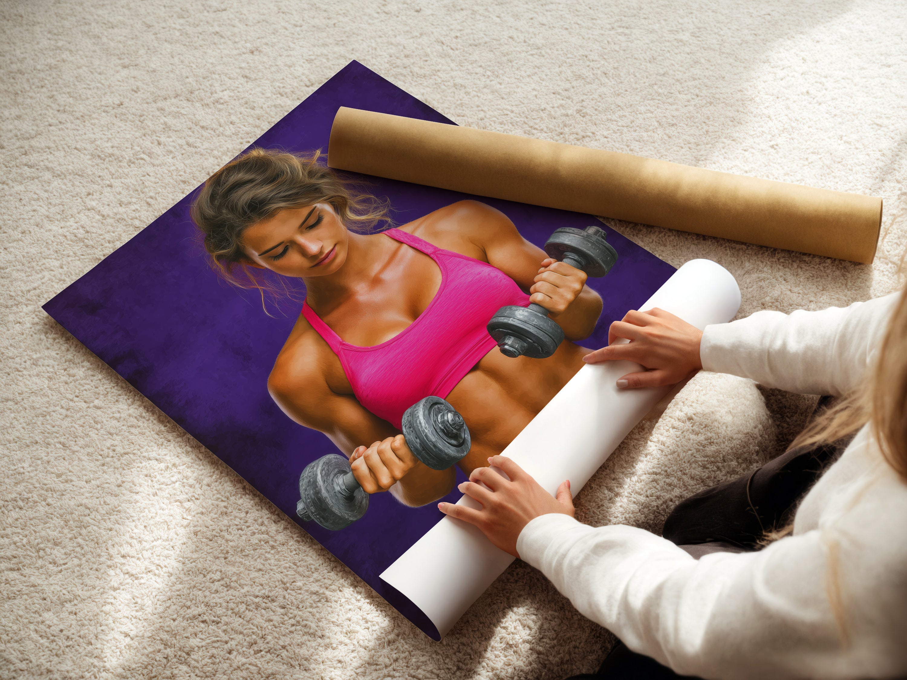 A woman carefully rolling a fine art poster paper print. This print showcases fitness-themed artwork. Ideal for home gym decor or as a motivational gift for athletes and fitness enthusiasts.