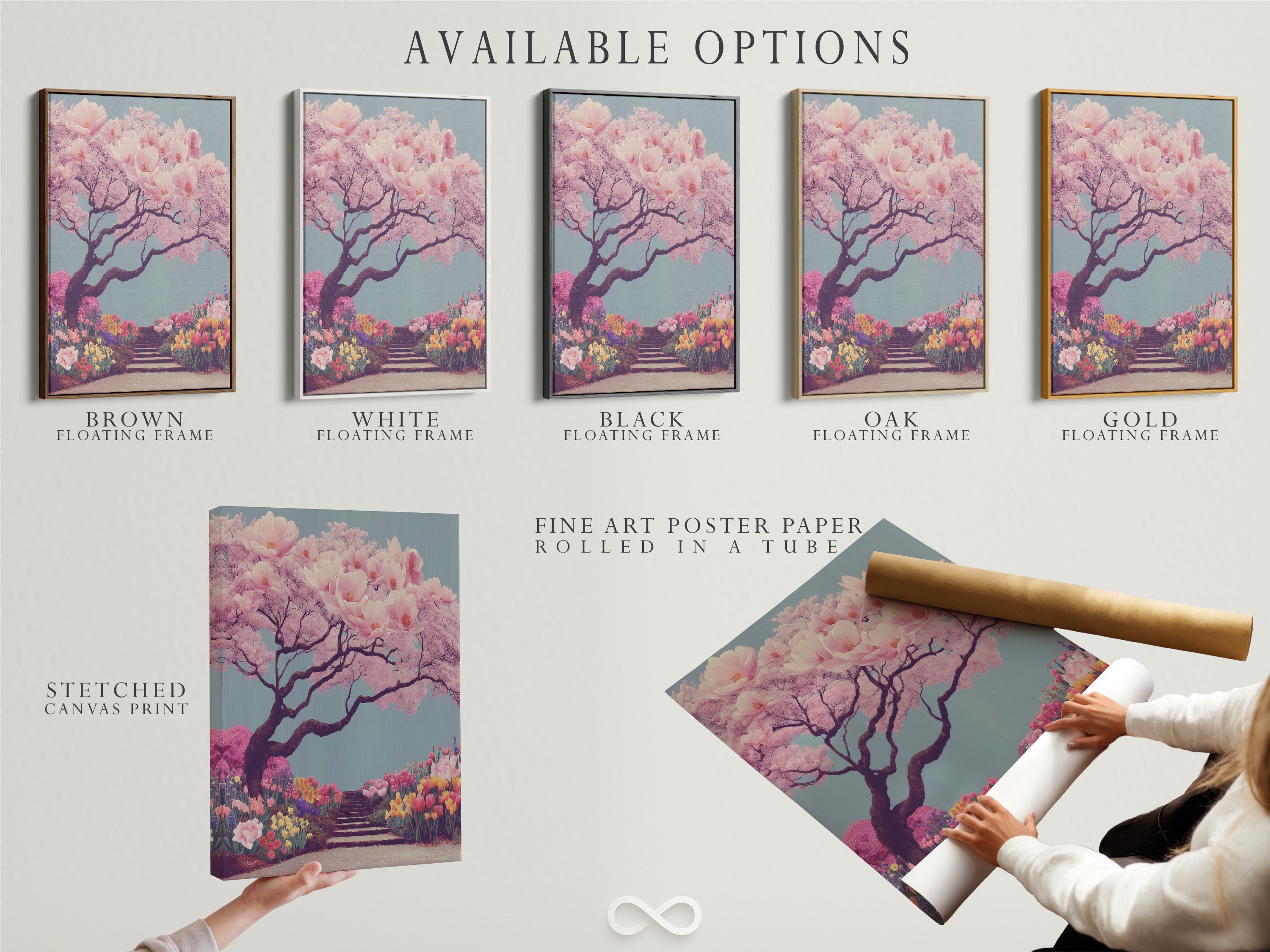 Explore available options for this cherry blossom tree artwork. Choose from a stretched canvas print a fine art poster paper or a floating frame. The pink sakura wall art is versatile. It is perfect for any decor style. Enhance your living room bedroom or office with this Japanese garden canvas print.