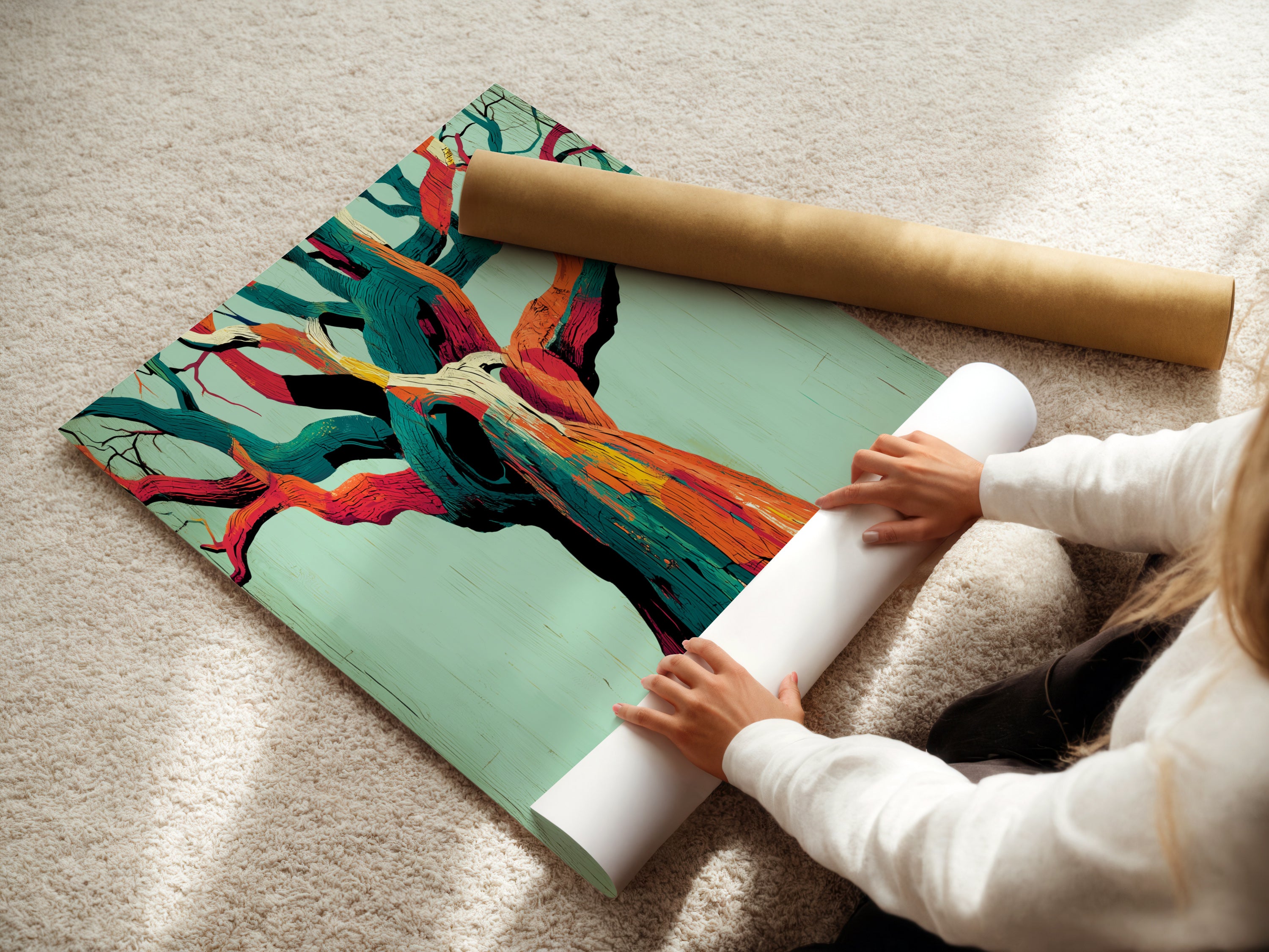 A woman is carefully rolling a fine art poster paper. The abstract tree artwork is ready to be displayed. It is perfect for modern home decor. This botanical print is ideal for art lovers.