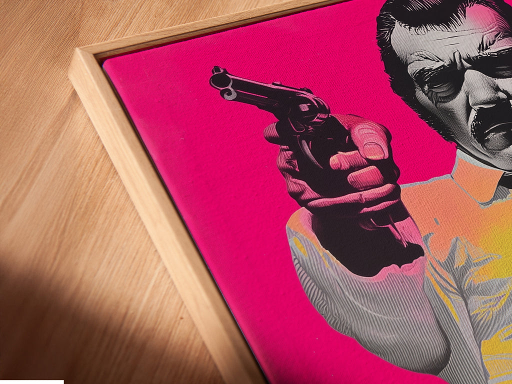 A close-up of a canvas print in a floating frame. The floating frame gives the artwork a modern look. The canvas appears to float within the frame. This framing style adds depth and dimension. Experience art in a floating frame.