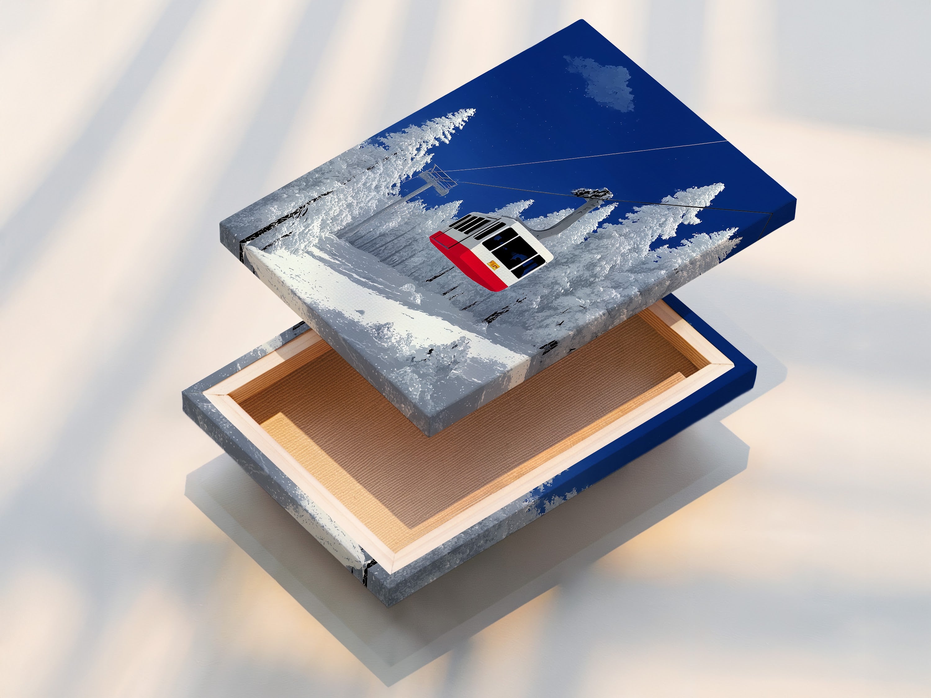 A stretched canvas print shows the ski lift art. This winter mountain wall art is ready to hang. The alpine cable car print is perfect for cabin decor. The snowy landscape comes to life on the canvas. This stretched canvas offers a clean and modern display option. It enhances any space.