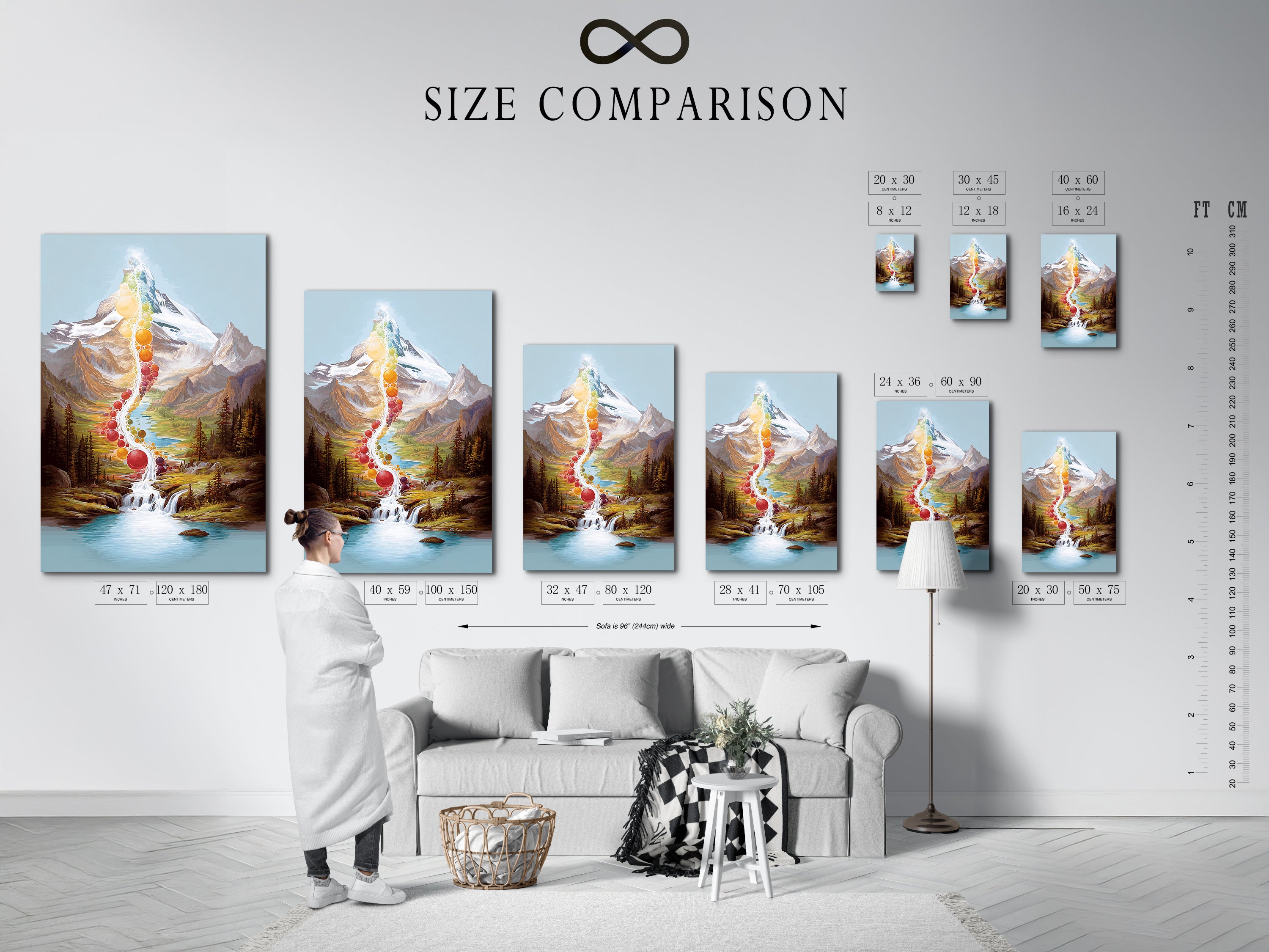 Size comparison chart of the Chakra Mountain art print in an interior setting. See how this spiritual landscape fits perfectly in your living room or meditation space. Available in various sizes to suit your needs. Choose the perfect size for your zen wall decor. Visualize the impact.