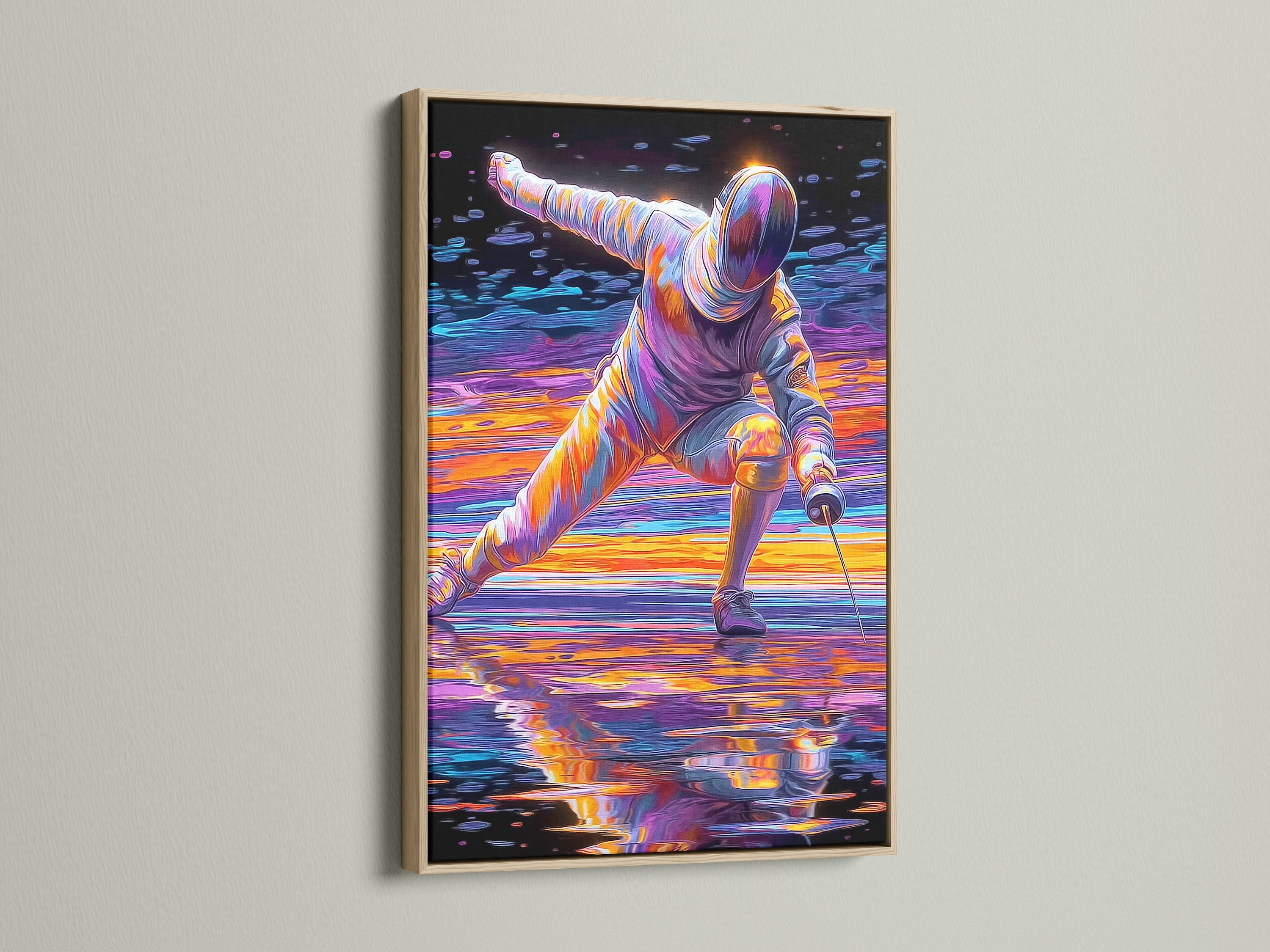 Fencing sport canvas print is displayed with a oak frame. Enhance your space with this duelist print. This athlete wall art brings a modern feel. Ideal for man caves offices and sports themed spaces.