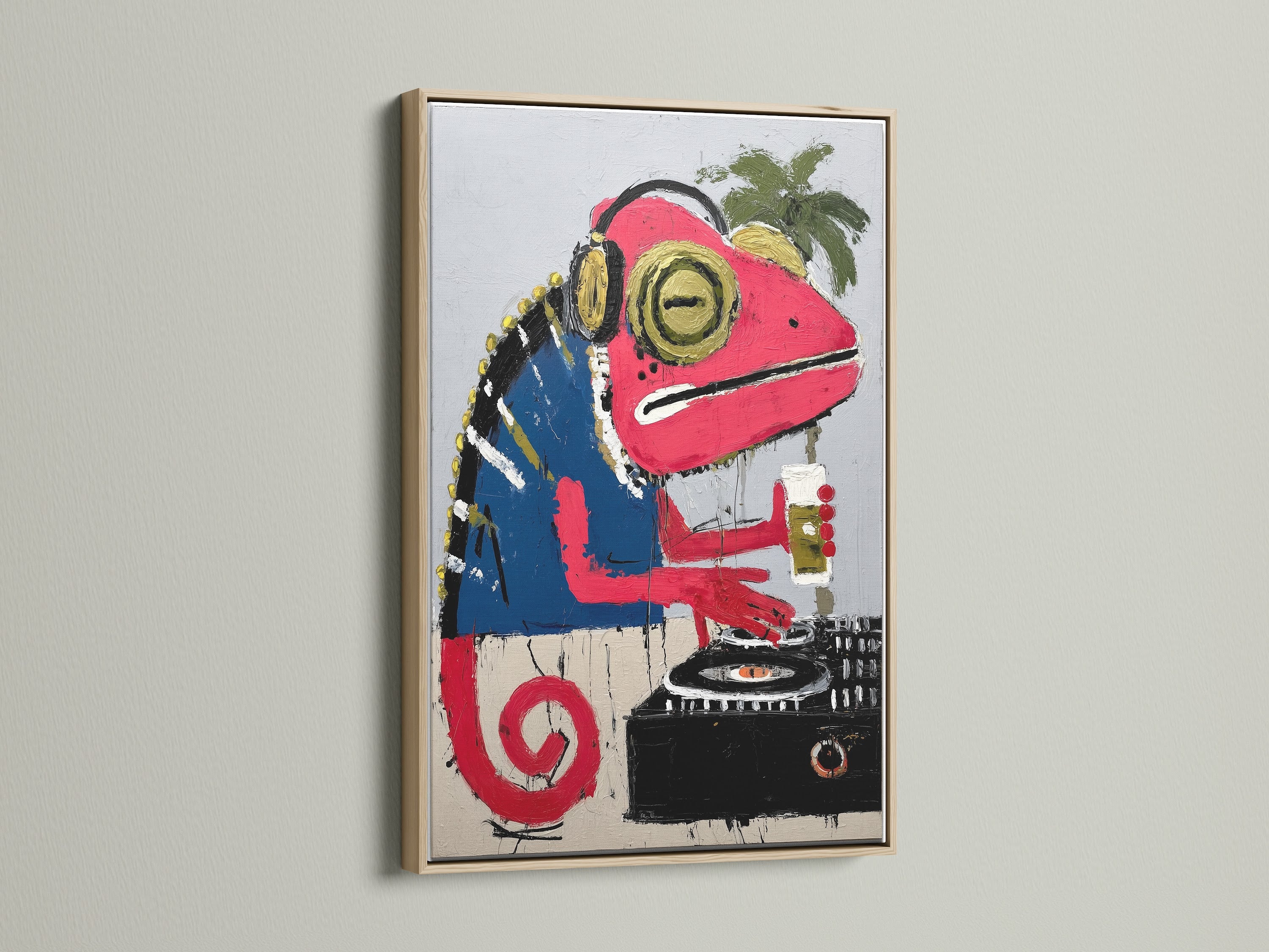 Iguana DJ art in an oak frame. This music studio artwork adds a touch of funk to any room. The colorful reptile artwork makes a statement. Perfect for music lovers.