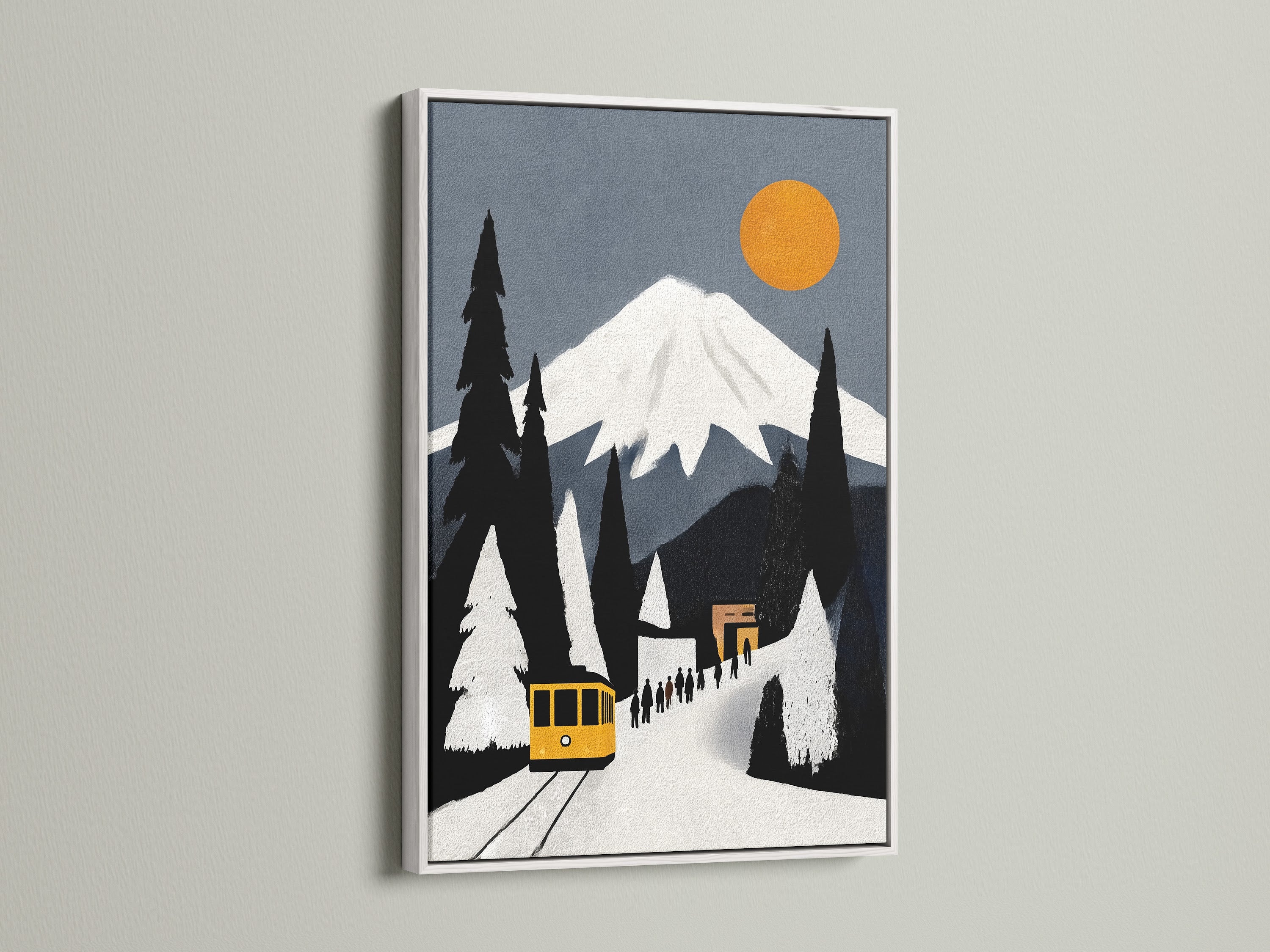 The Mountain Train canvas art print is displayed in a white frame. This alpine railway art fits minimalist Scandinavian or eclectic styles. Great for living room wall art bedroom wall decor or office wall art.