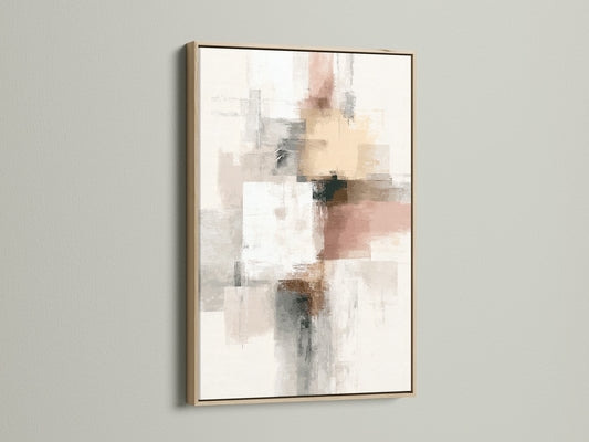 Abstract wall art piece showcased in an oak frame. The neutral colors include blush pink gray. The artwork is a modern minimalist print ideal for bedroom wall decor. This contemporary art piece adds a soft touch to any space. Consider it for living rooms and office spaces.