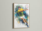 This is a Tennis player artwork in an oak frame. The sports canvas art adds a touch of modern energy. This watercolor tennis print is ideal for a game room. The athletic home wall art enhances any sports-themed space. Perfect for sports fans and athletes alike.